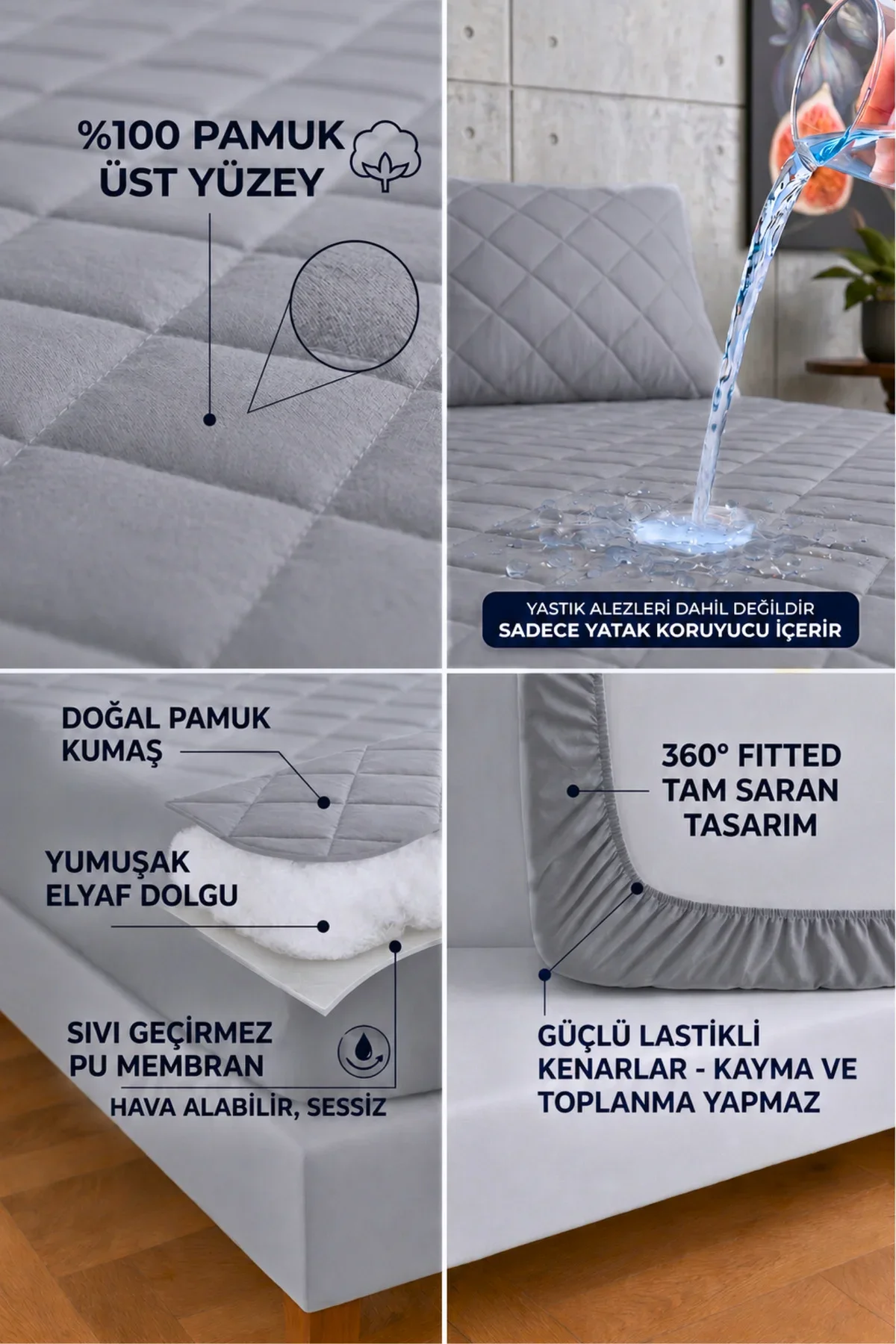Premium Gri %100 Pamuk Kapitone Fitted Full Kenar Su Sıvı Geçirmez Yatak Koruyucu Alez Tüm Ölçüler - Görsel 4