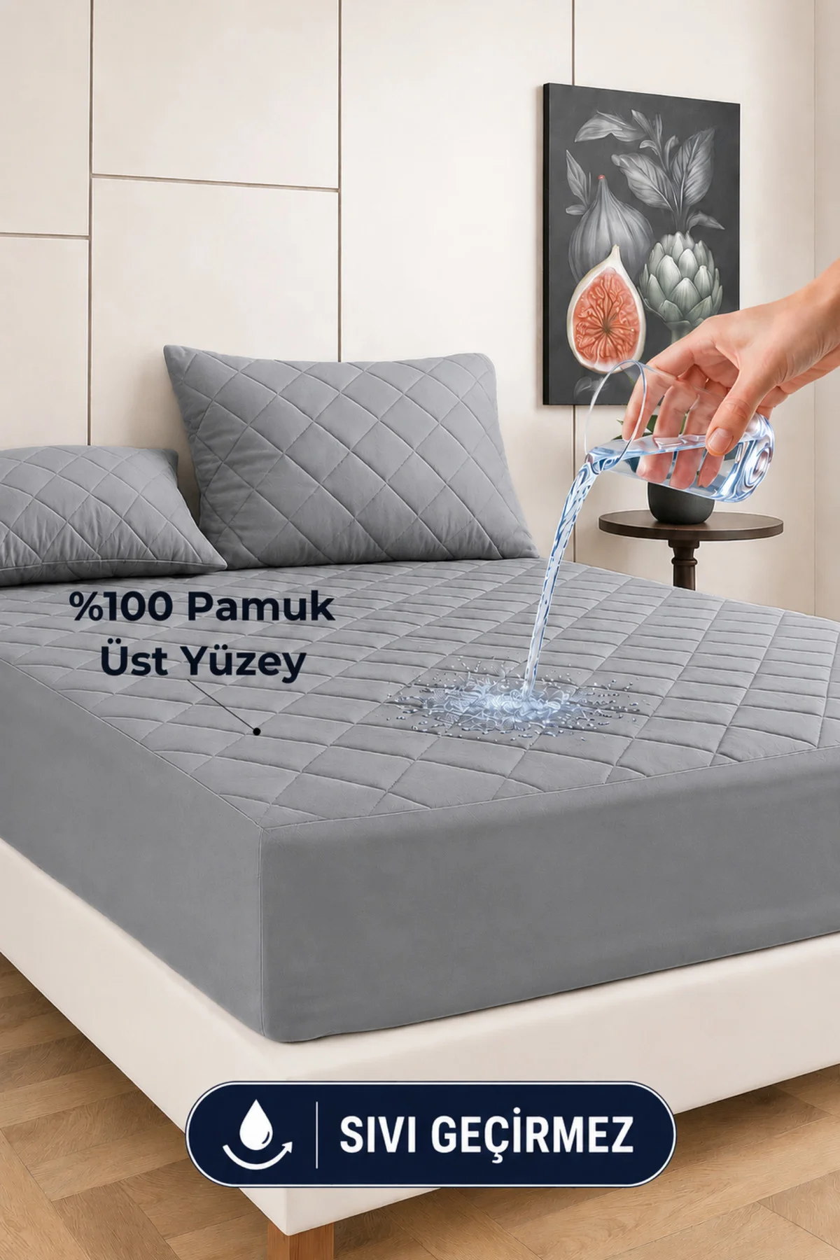Premium Gri %100 Pamuk Kapitone Fitted Full Kenar Su Sıvı Geçirmez Yatak Koruyucu Alez Tüm Ölçüler