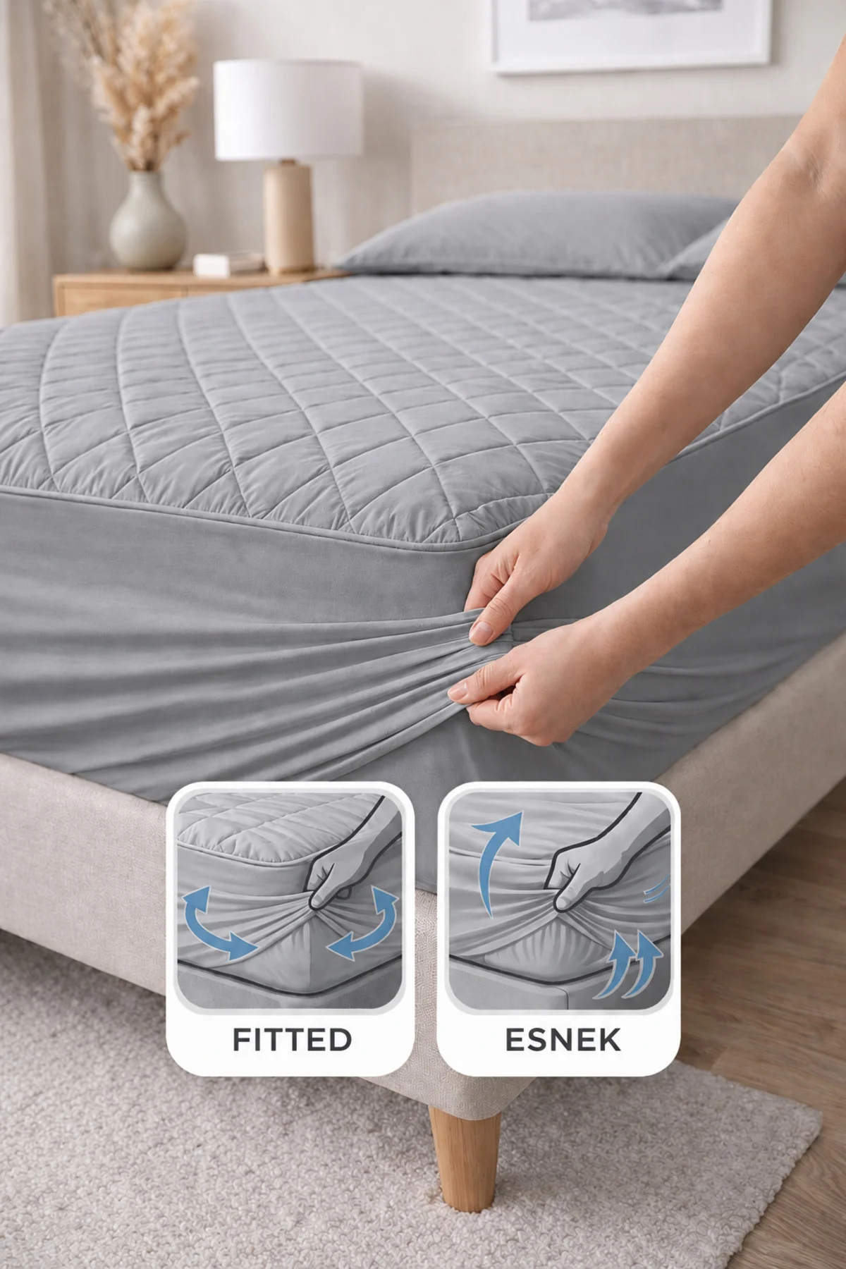 Premium Gri %100 Pamuk Kapitone Fitted Full Kenar Su Sıvı Geçirmez Yatak Koruyucu Alez Tüm Ölçüler
