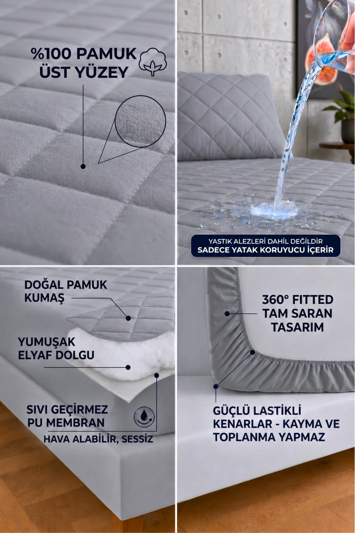 Premium Gri %100 Pamuk Kapitone Fitted Full Kenar Su Sıvı Geçirmez Yatak Koruyucu Alez Tüm Ölçüler