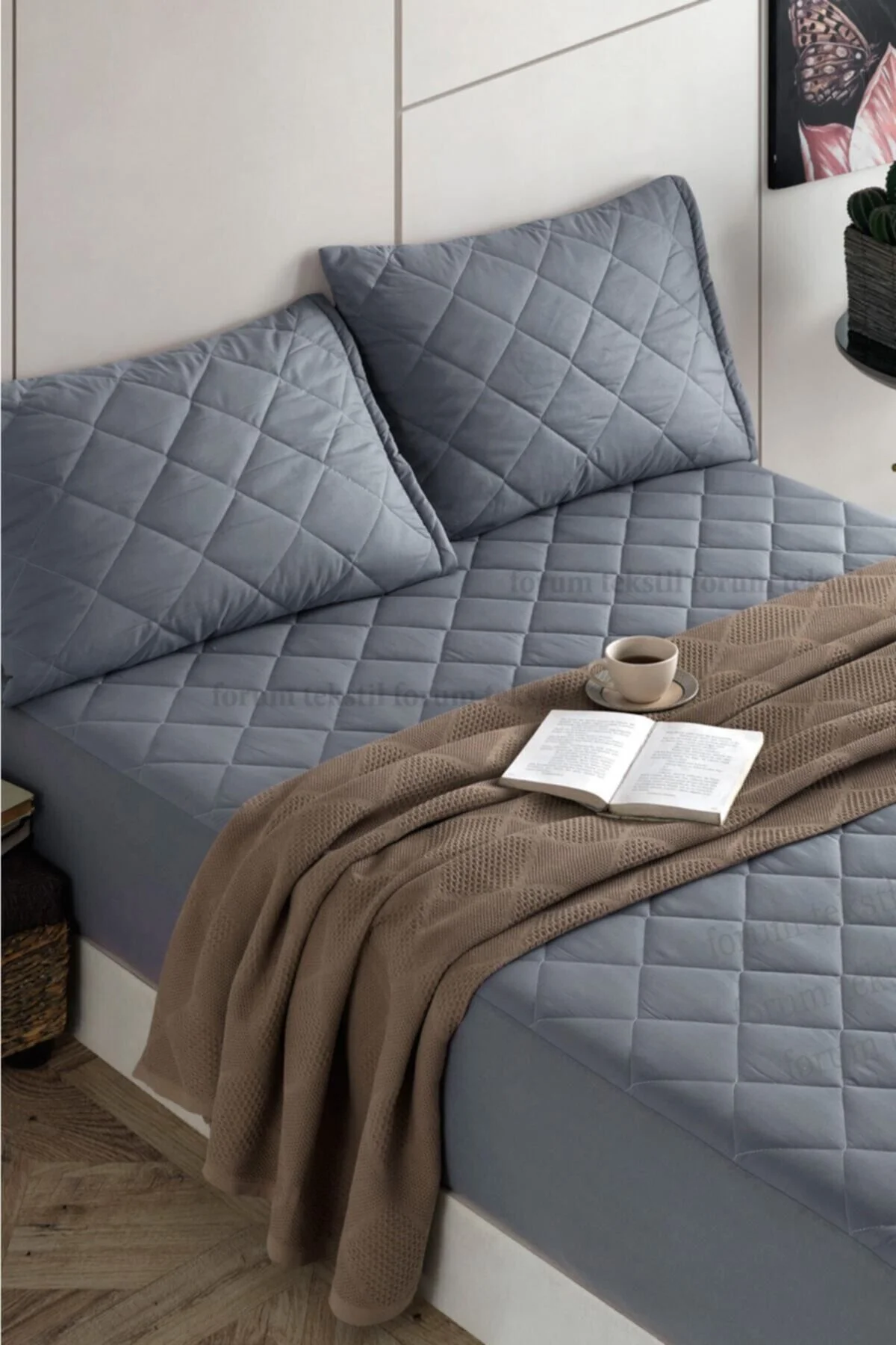 Premium Gri %100 Pamuk Kapitone Fitted Full Kenar Su Sıvı Geçirme