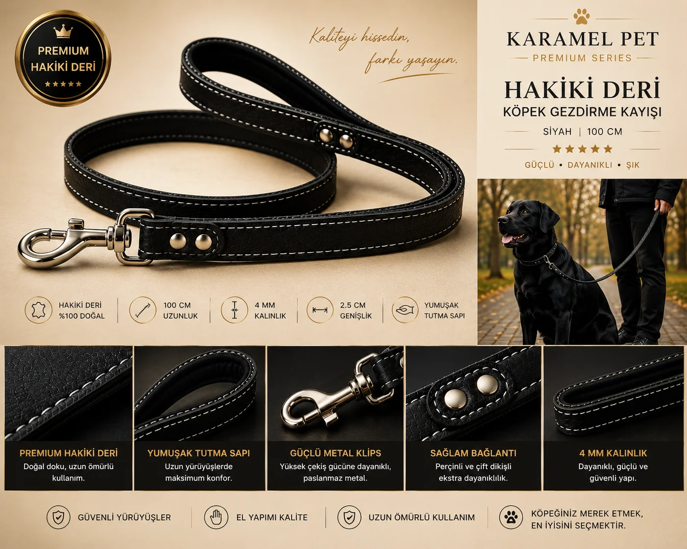 Premium Hakiki Deri Köpek Gezdirme Kayışı Siyah 100 cm Yumuşak Dolgulu Tutma Saplı