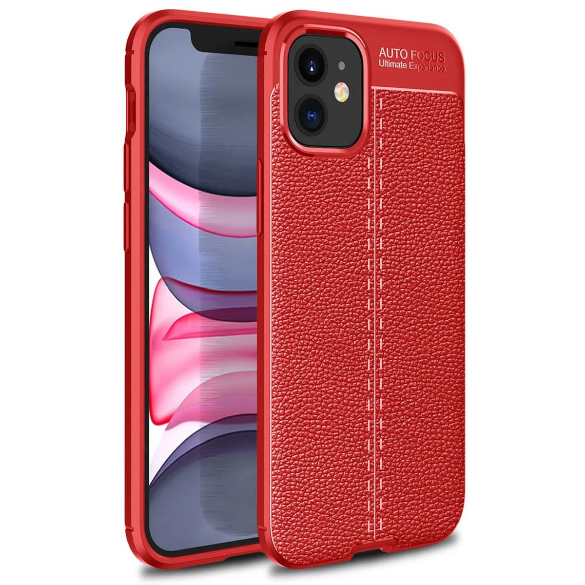 Premium iPhone 12 Mini Auto Focus Kılıf Kırmızı TPU Deri Dokulu Korumalı Kılıf