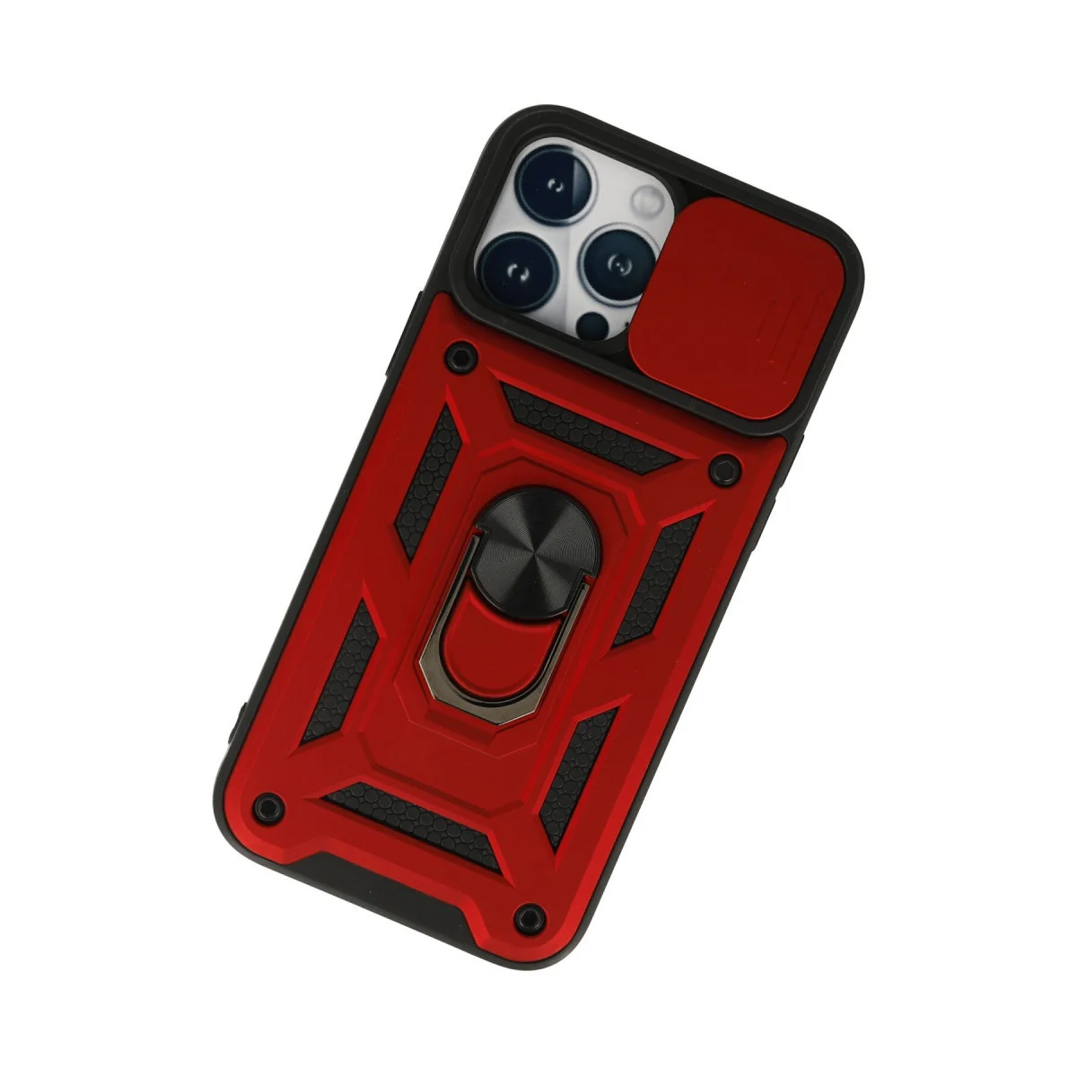 Premium iPhone 13 Pro Silikon Kılıf - Kırmızı, Lens Kapağılı ve Metal Standlı