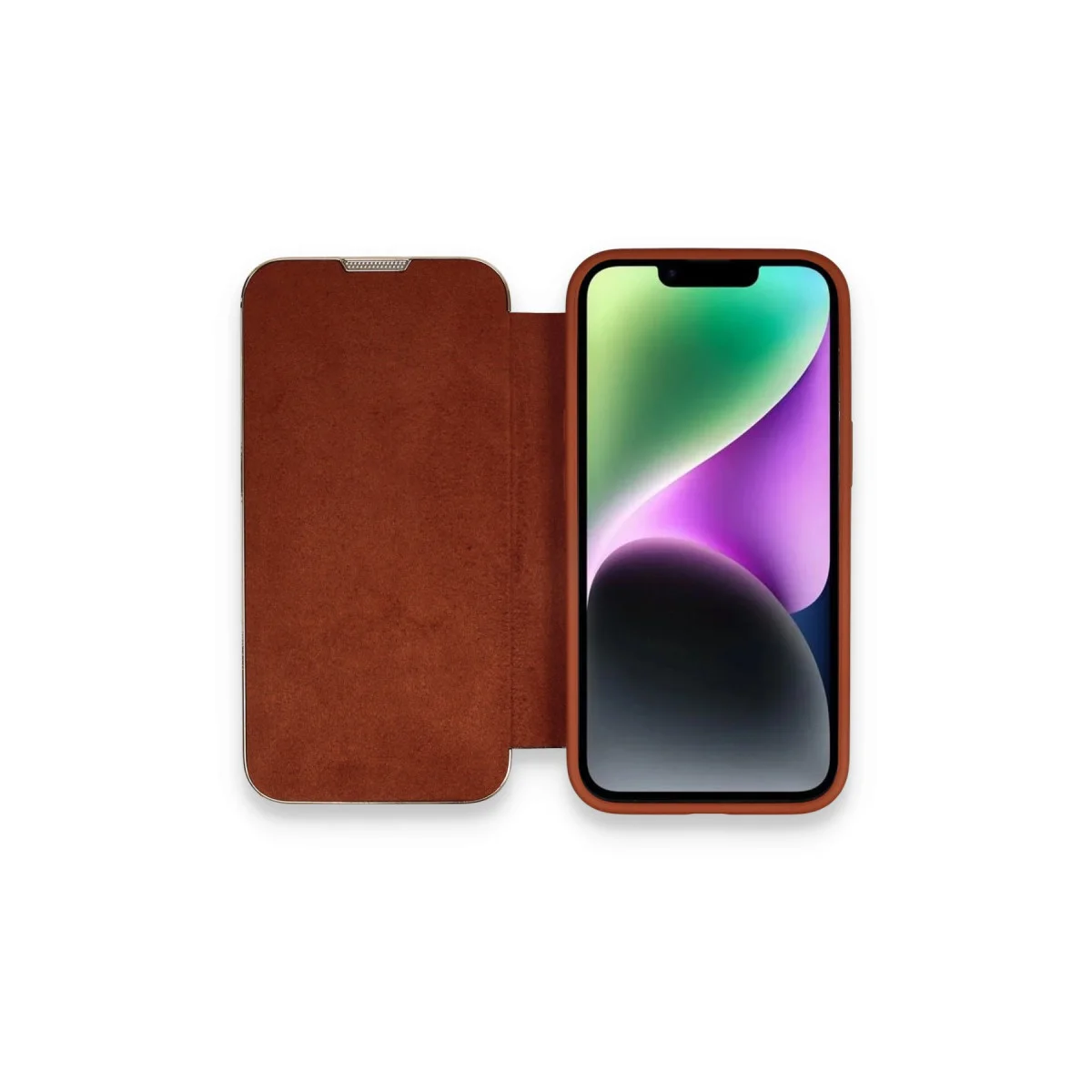 Premium iPhone 14 Pro Max Dolpin Kapaklı Kahverengi Kılıf