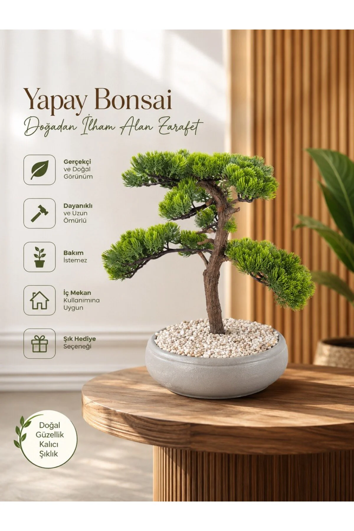 Premium Kalın Gövdeli Yapay Bonsai Ağacı - Modern Gri Saksıda