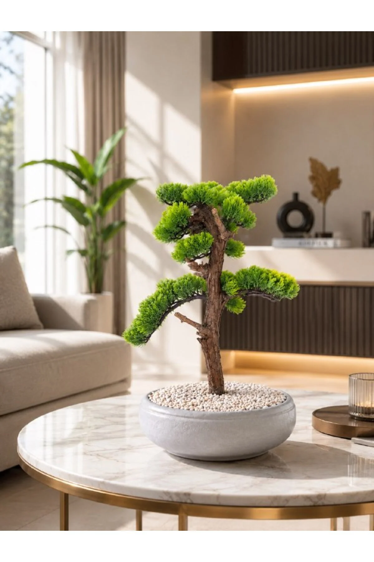Premium Kalın Gövdeli Yapay Bonsai Ağacı - Modern Gri Saksıda