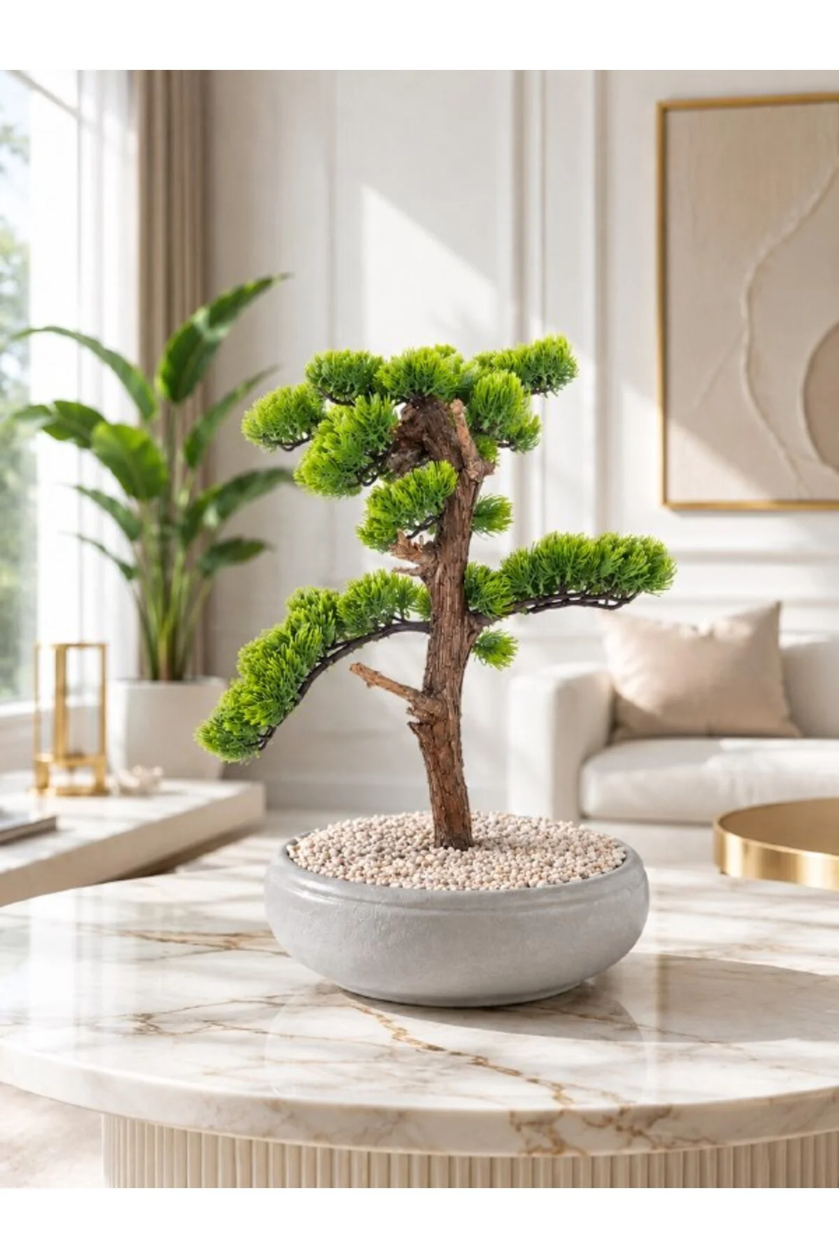 Premium Kalın Gövdeli Yapay Bonsai Ağacı - Modern Gri Saksıda
