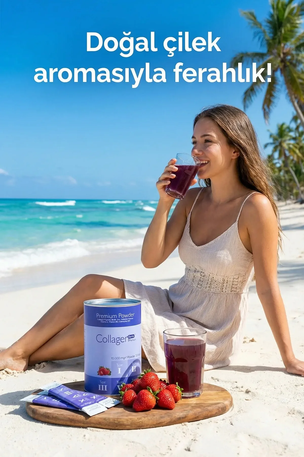 Premium Kolajen Powder 10g X 30 Şase Biotin & Multivitamin Çilek 