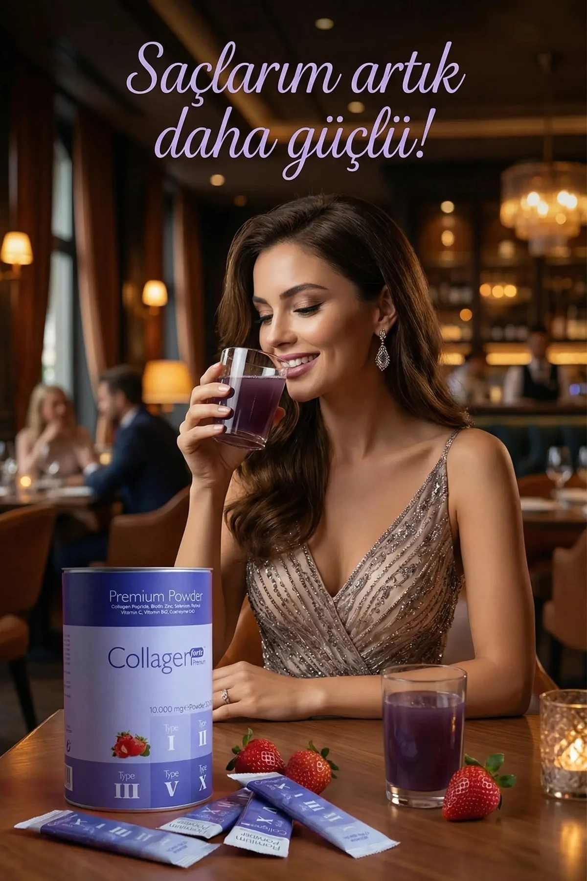 Premium Kolajen Powder 10g X 30 Şase Biotin & Multivitamin Çilek 