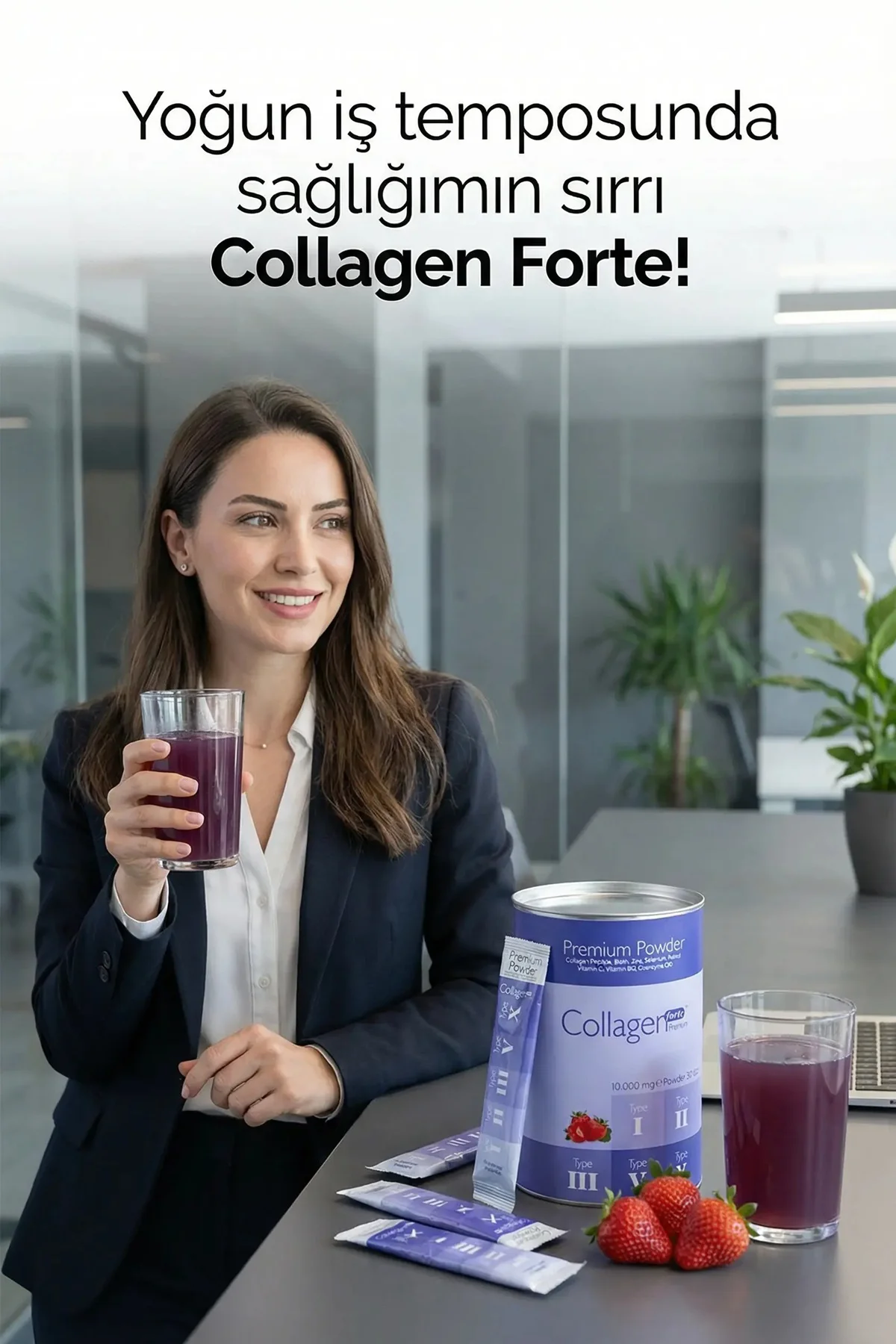 Premium Kolajen Powder 10g X 30 Şase Biotin & Multivitamin Çilek 