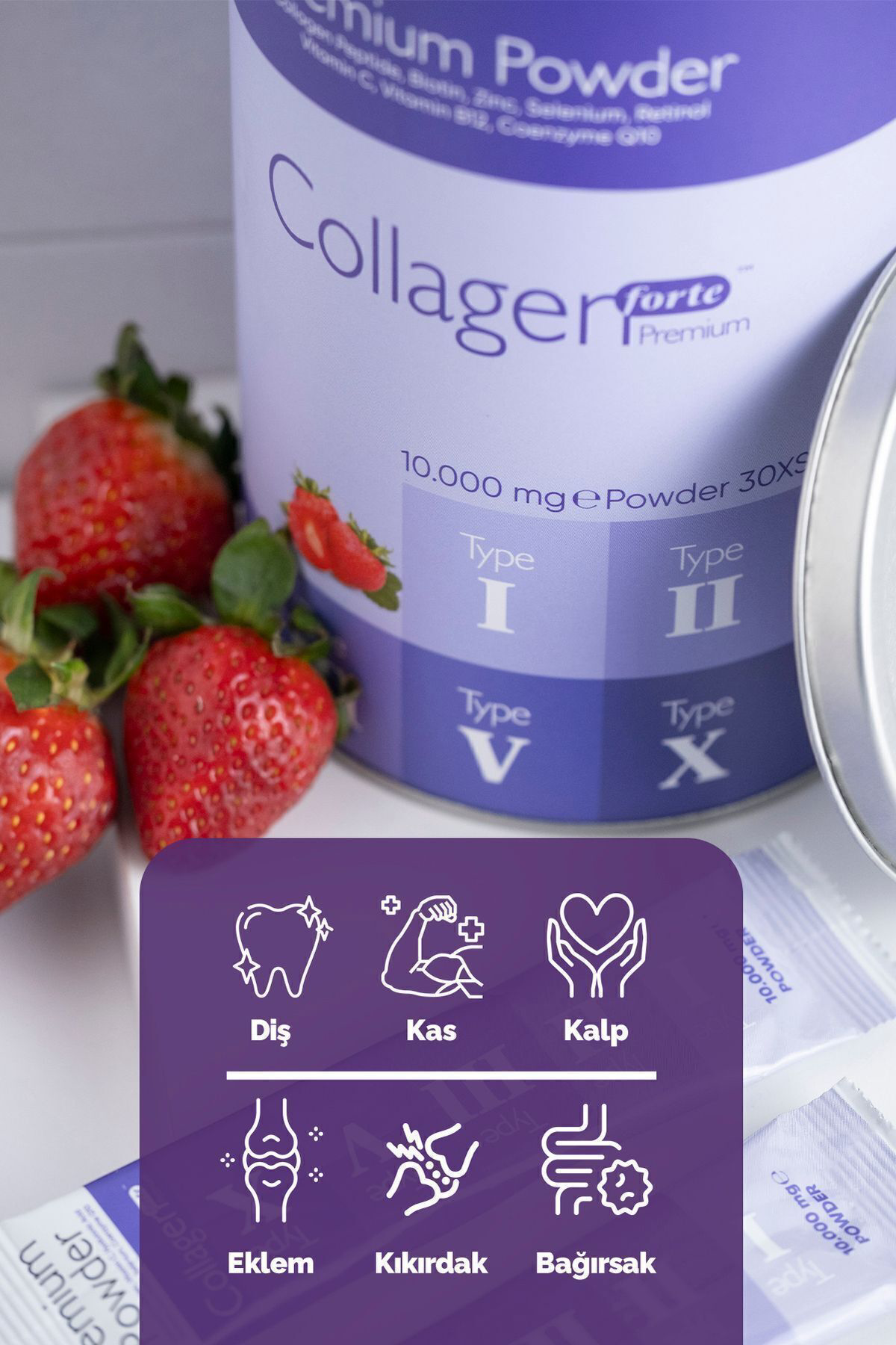 Premium Kolajen Powder 10g X 30 Şase Biotin & Multivitamin Çilek 