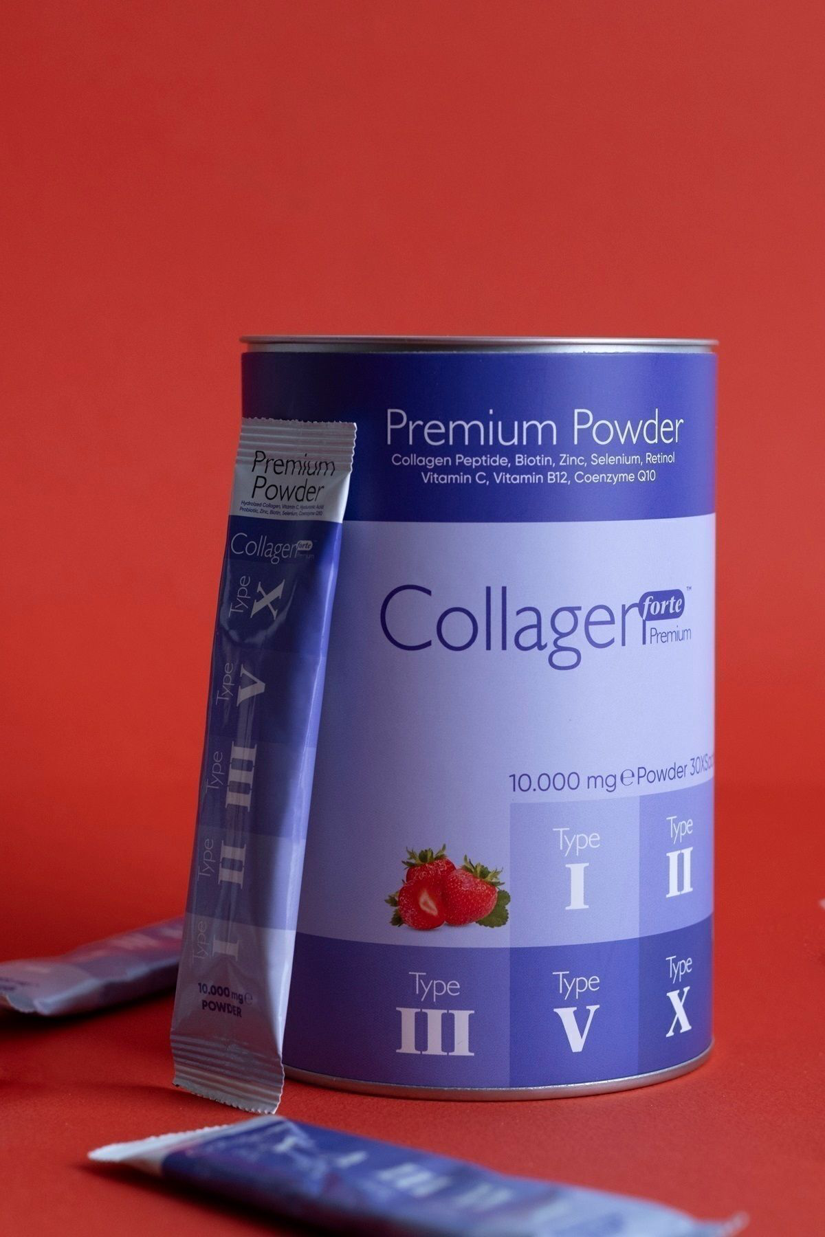 Premium Kolajen Powder 10g X 30 Şase Biotin & Multivitamin Çilek 