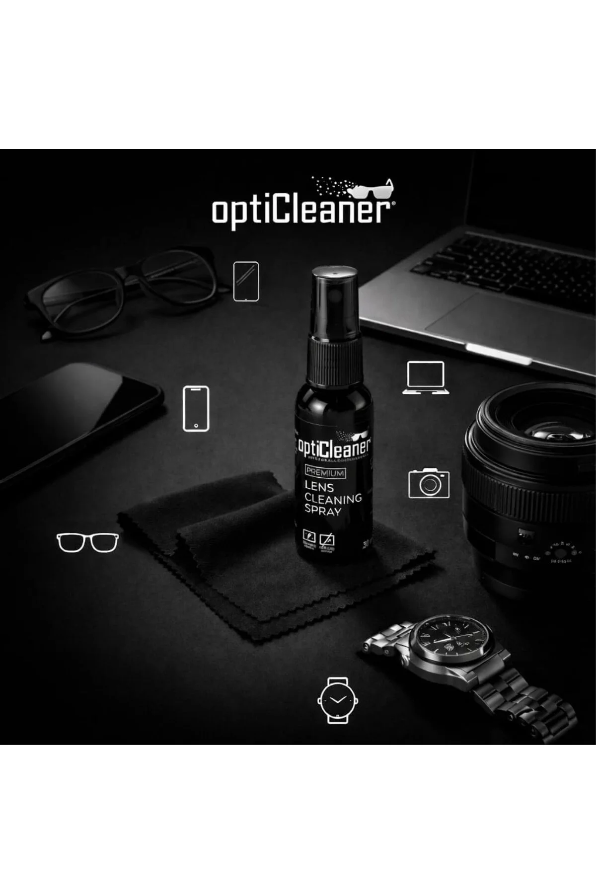 Premium Lens Temizleme Kiti, 30ml Sprey ve 15x18cm Mikrofiber Bez