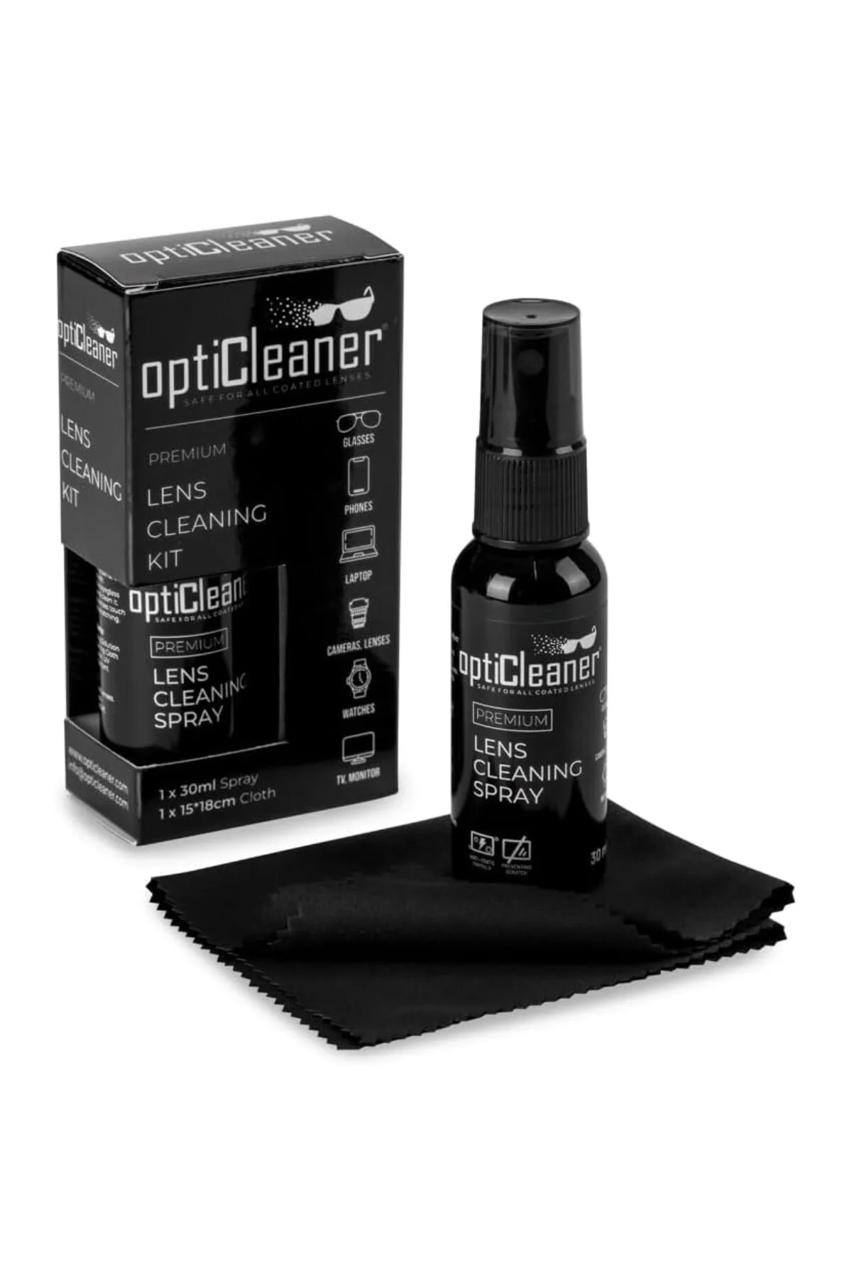 Premium Lens Temizleme Kiti, 30ml Sprey ve 15x18cm Mikrofiber Bez