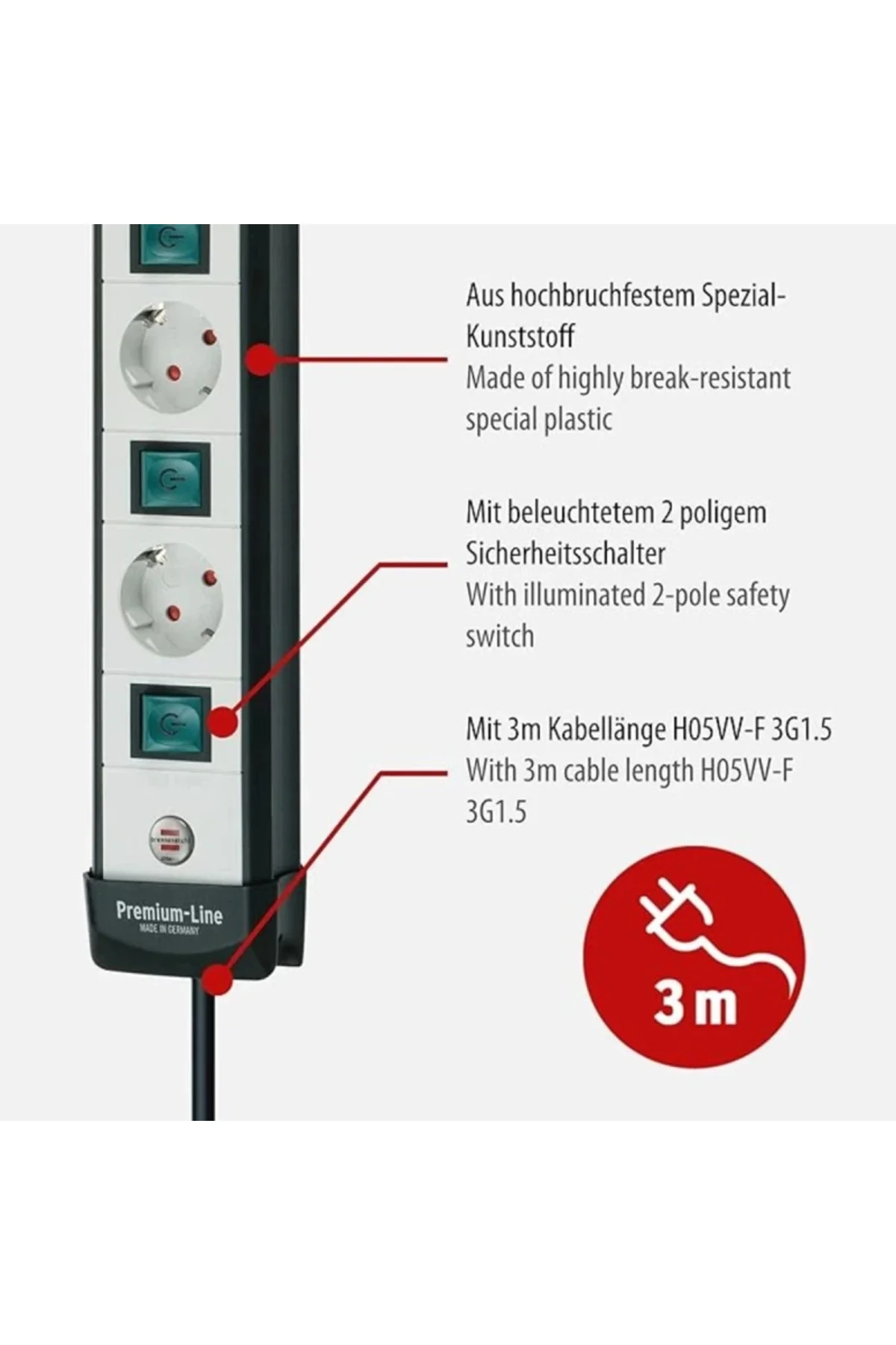 Premium Line, teknik çoklu priz, tek tek çalıştırılabilir prizler (3 m kablo) ile