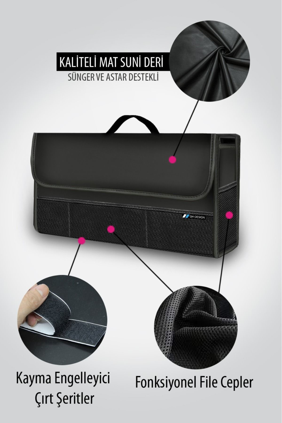 Nice Shop Premium Lüks Deri Bagaj Organizer Çanta Siyah Kenarlı - Kaydırmaz Zeminli - Bagaj Organizer