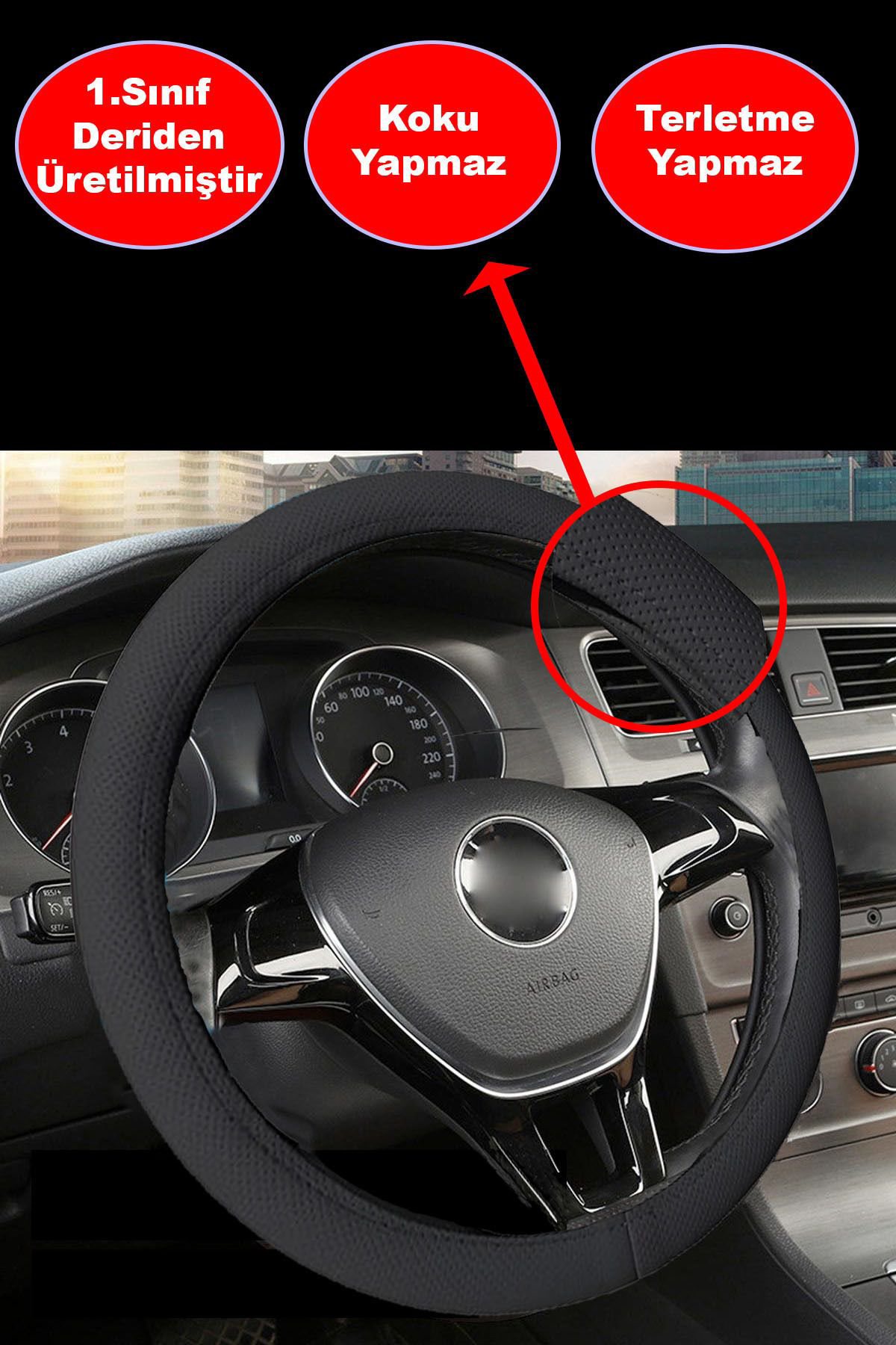 Premium Lüks Geçmeli Direksiyon Kılıfı Kokusuz 38-40 Cm, Siyah Su