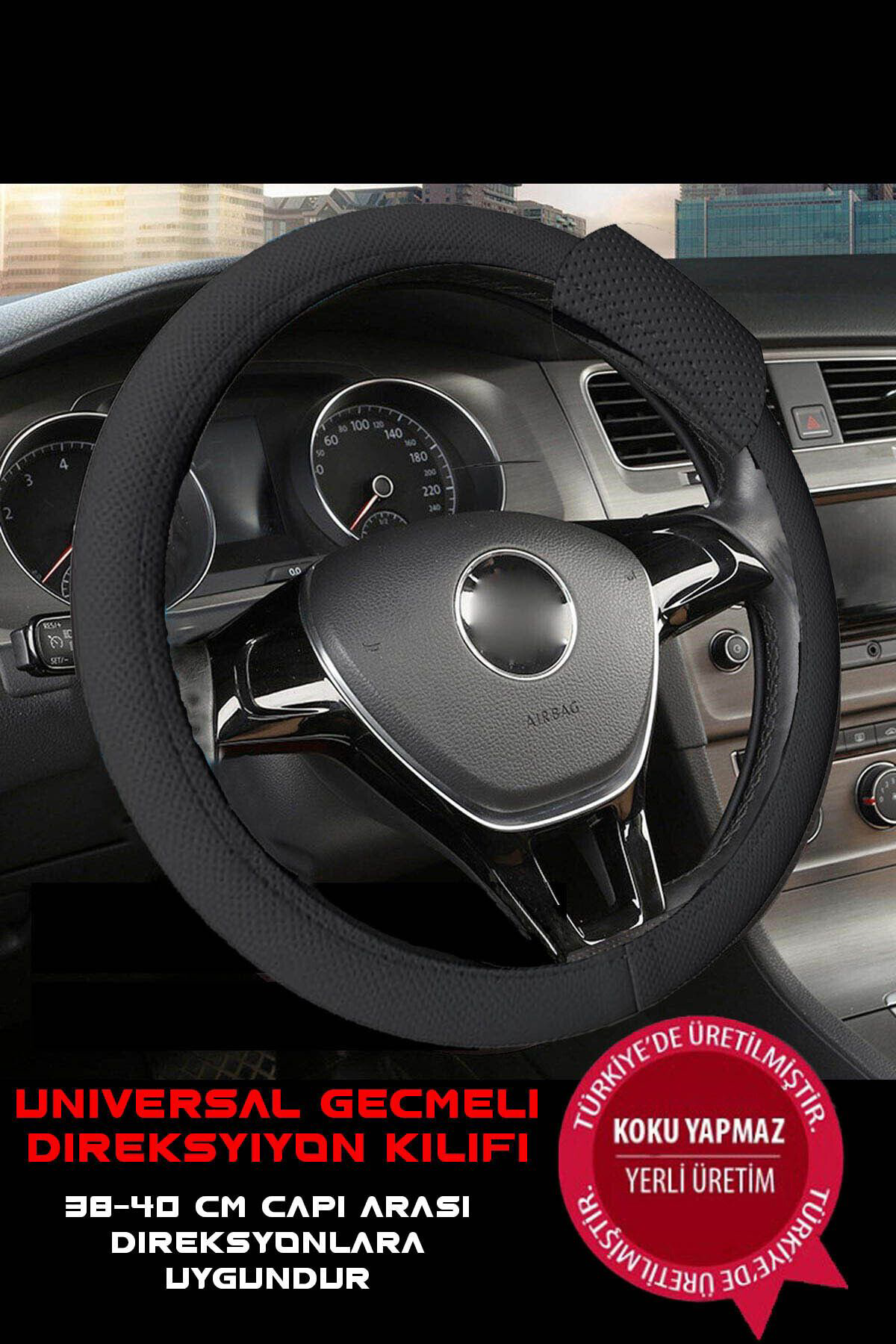 Premium Lüks Geçmeli Direksiyon Kılıfı Kokusuz 38-40 Cm, Siyah Su