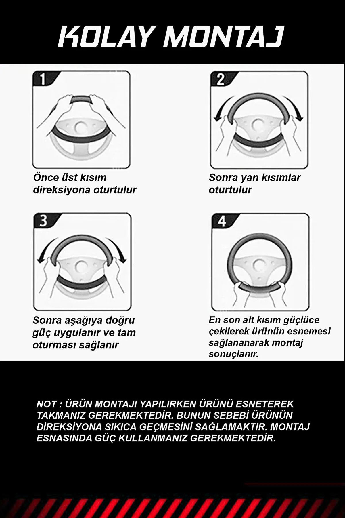 Premium Lüks Geçmeli Direksiyon Kılıfı Kokusuz 38-40 Cm, Siyah Su