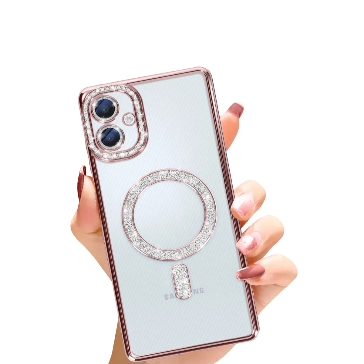Premium Magnetik Kılıf Samsung Galaxy A06 - Pembe Joke Simli Tasarım ve Tam Koruma
