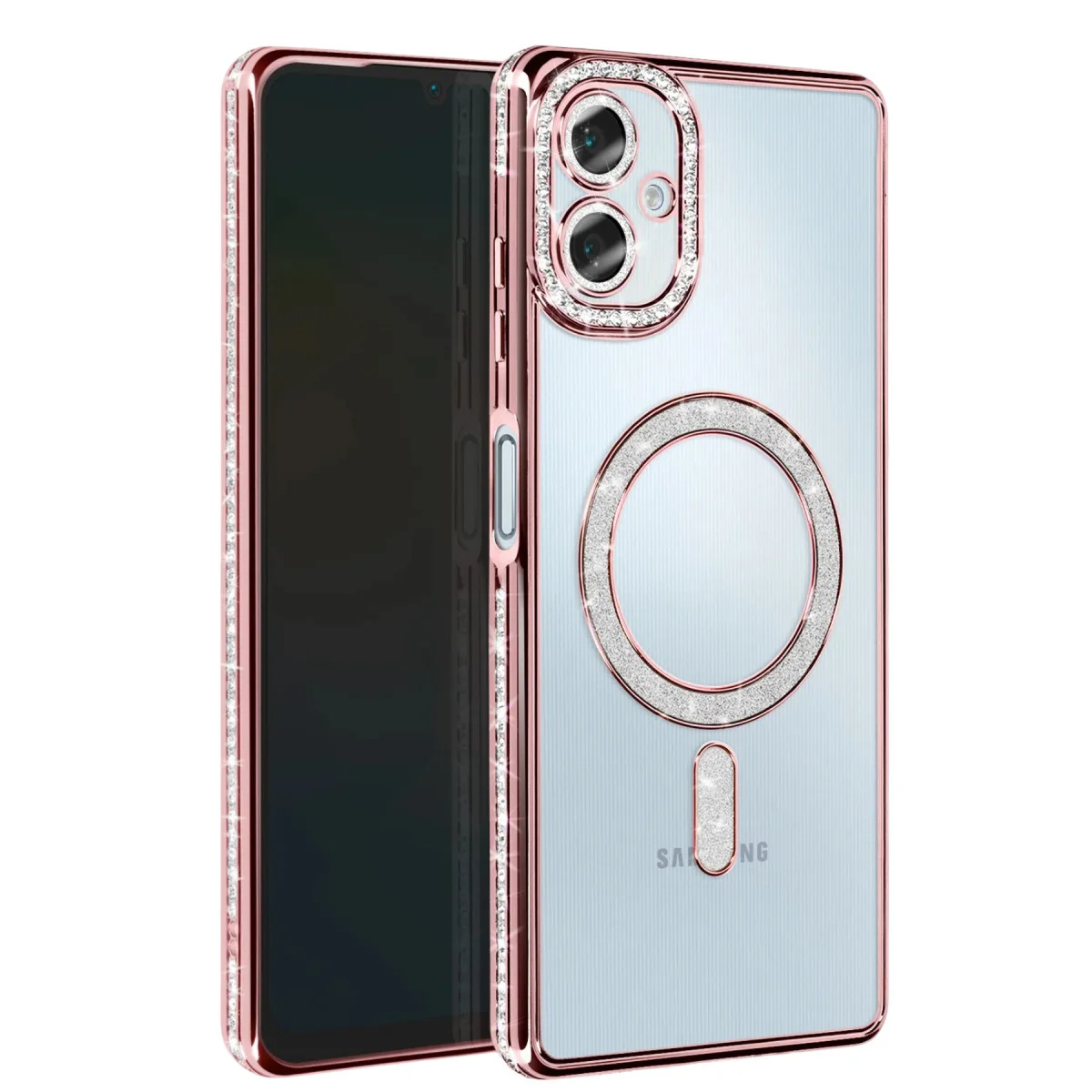 Premium Magnetik Kılıf Samsung Galaxy A06 - Pembe Joke Simli Tasarım ve Tam Koruma
