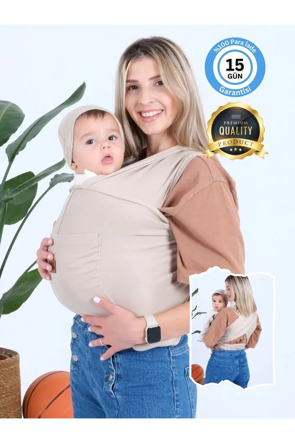 Premium Organik Pamuk Sırt Destekli Cepli Şapkalı Bebek Taşıyıcı