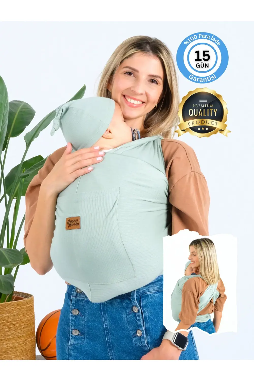 Premium Organik Pamuk Sırt Destekli Cepli Şapkalı Bebek Taşıyıcı