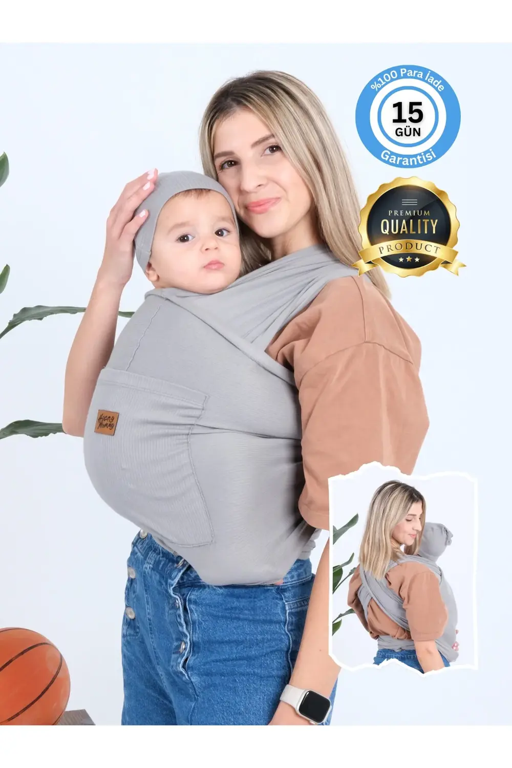 Premium Organik Pamuk Sırt Destekli Cepli Şapkalı Bebek Taşıyıcı