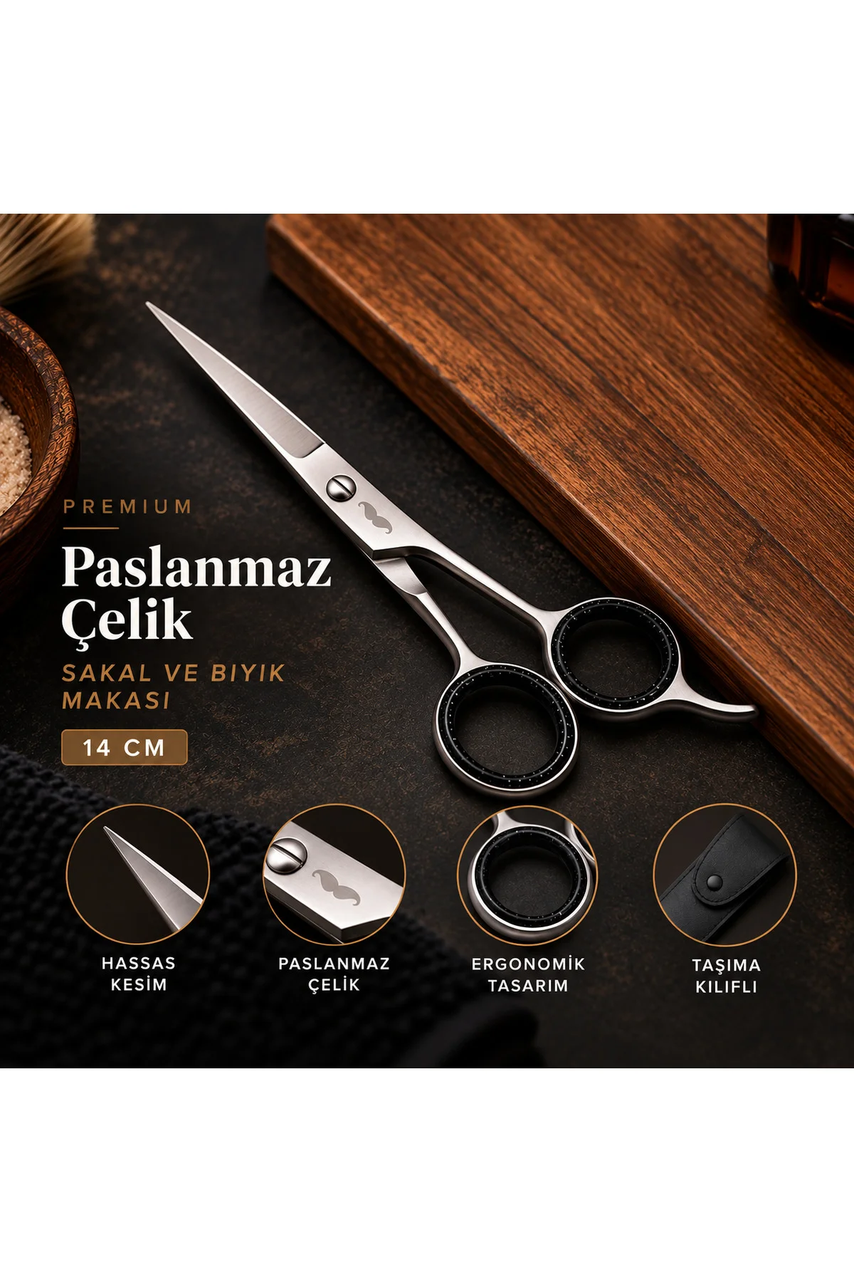 Premium Paslanmaz Çelik Sakal ve Bıyık Makası 14 cm – Taşıma Kılıflı