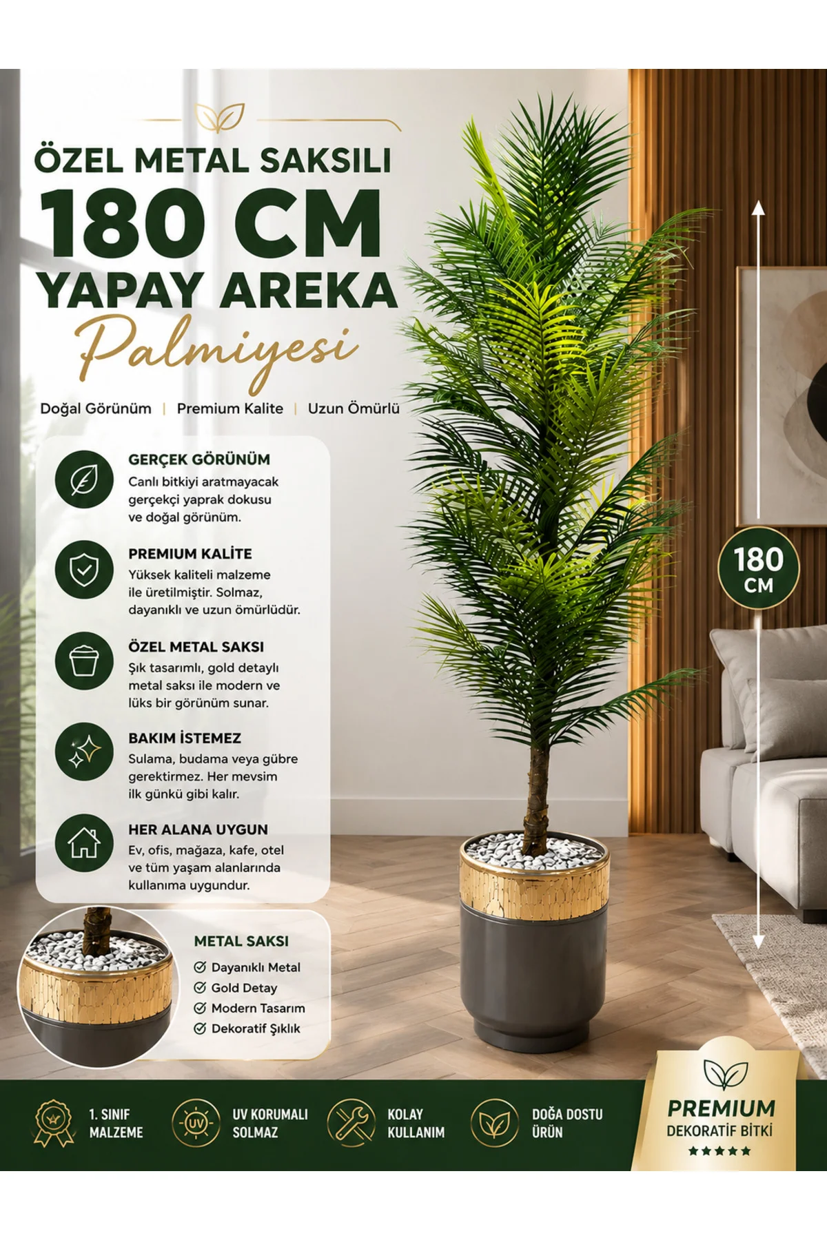 Premium Yapay Areka Palmiyesi 180 CM – Özel Metal Saksılı Dekorat Premium Yapay Areka Palmiyesi 180 CM – Özel Metal Saksılı Dekorat