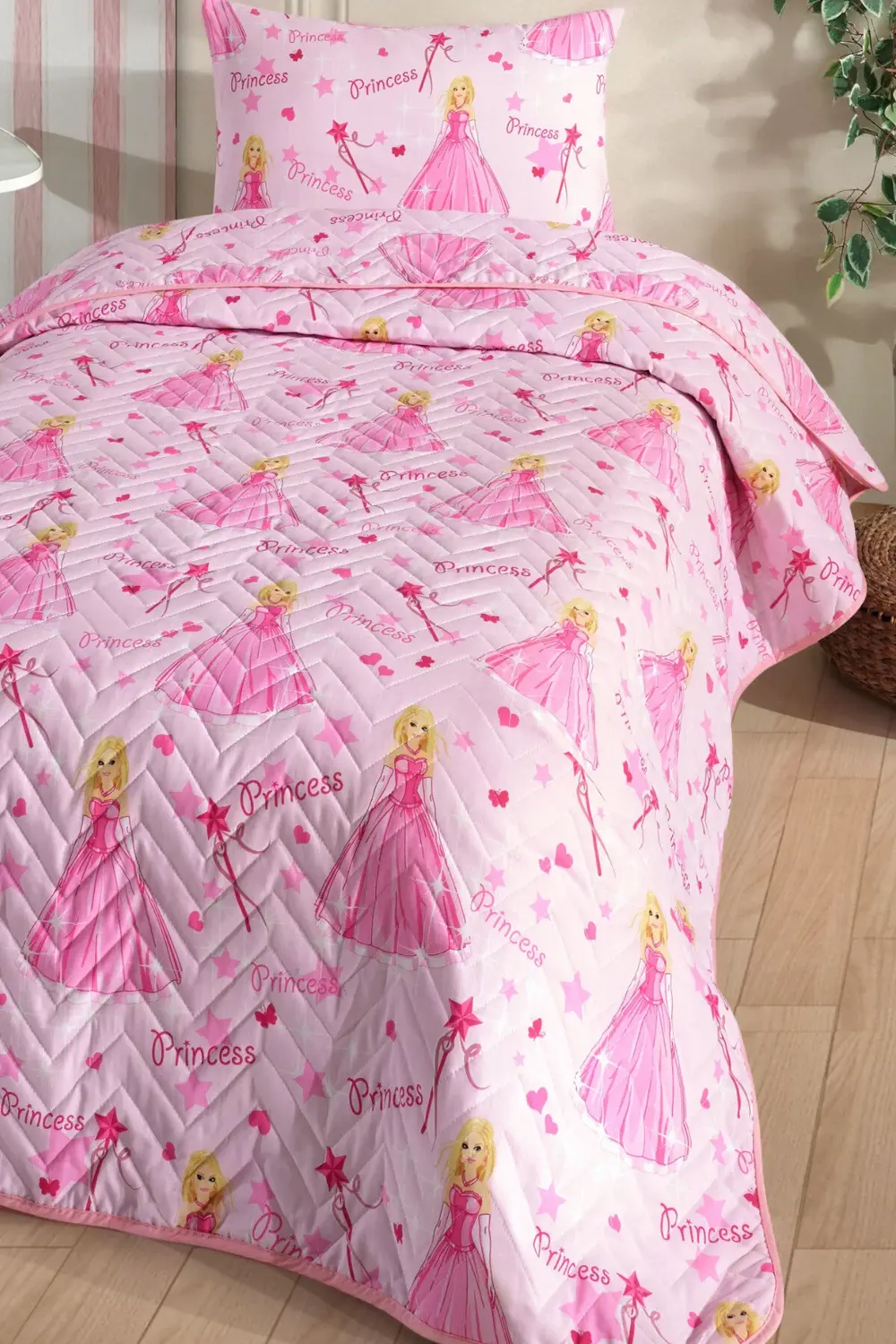 Prenses Desenli Çocuk-Genç Odası Tek Kişilik Pike-Yatak Örtüsü Ta