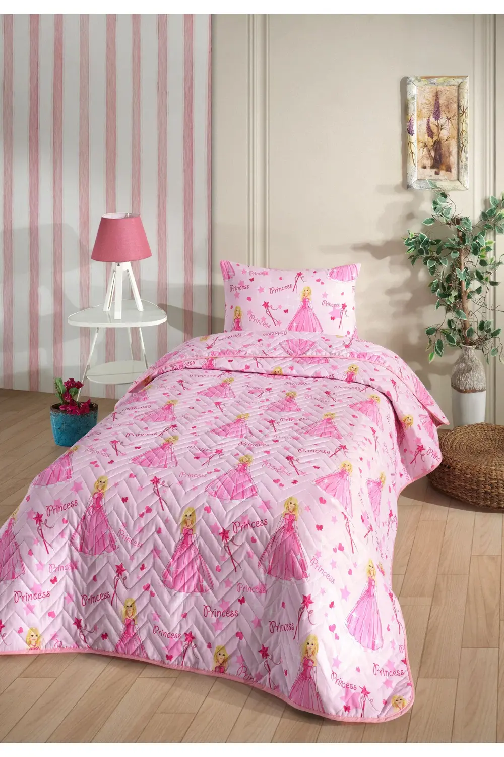 Prenses Desenli Çocuk-Genç Odası Tek Kişilik Pike-Yatak Örtüsü Ta