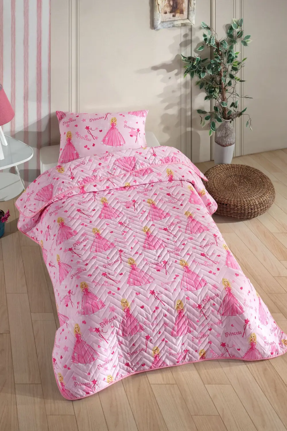 Prenses Desenli Çocuk-Genç Odası Tek Kişilik Pike-Yatak Örtüsü Ta