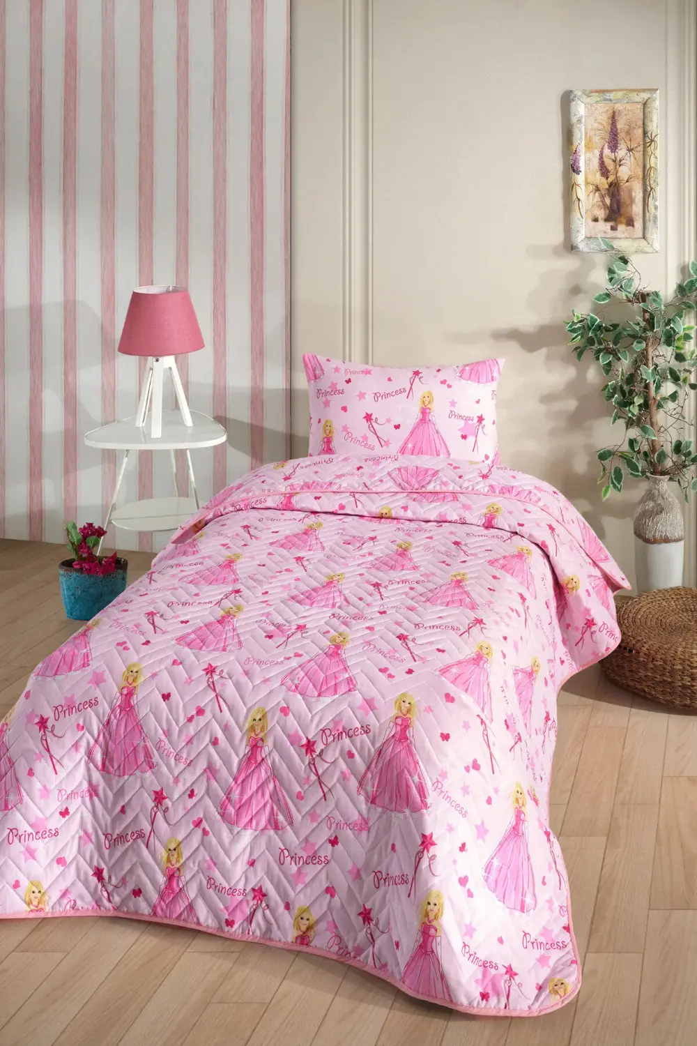 Prenses Desenli Çocuk-Genç Odası Tek Kişilik Pike-Yatak Örtüsü Ta