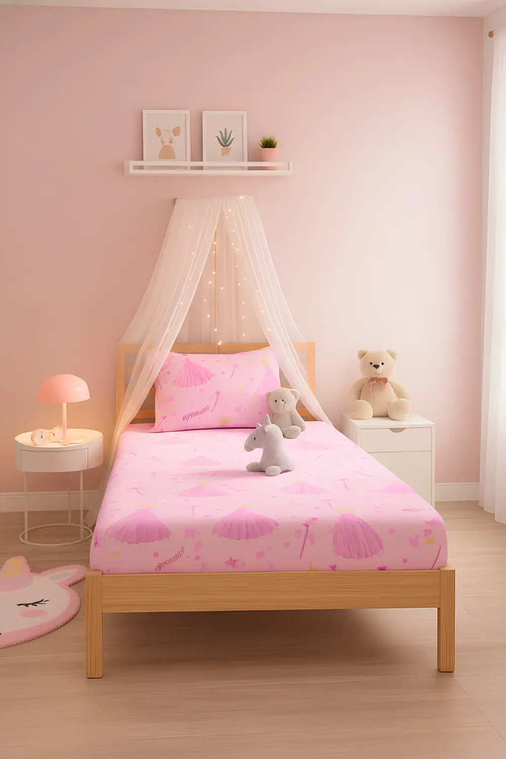 Prenses Desenli Yastık Kılıflı Tek Kişilik Lastikli Çarşaf Takımı