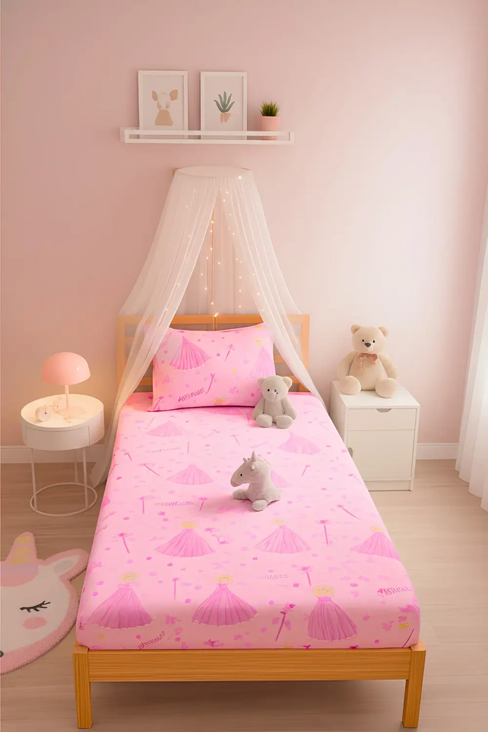 Prenses Desenli Yastık Kılıflı Tek Kişilik Lastikli Çarşaf Takımı