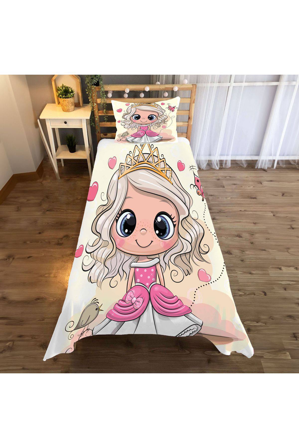 Evan Home Prenses  Desenli Çocuk Odası Takım Perde (İki Kanat),Yatak Örtüsü,Yastık,Kırlent ,Halı,