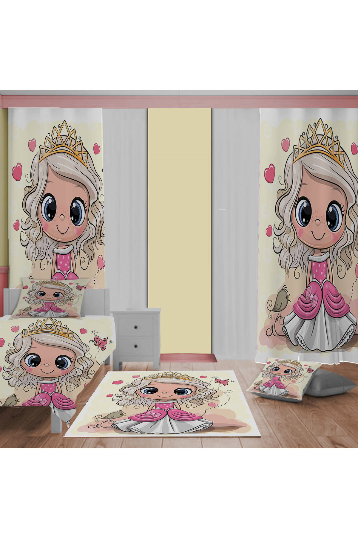 Evan Home Prenses  Desenli Çocuk Odası Takım Perde (İki Kanat),Yatak Örtüsü,Yastık,Kırlent ,Halı,
