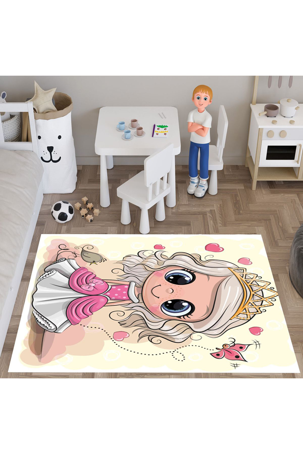 Evan Home Prenses  Desenli Çocuk Odası Takım Perde (İki Kanat),Yatak Örtüsü,Yastık,Kırlent ,Halı,