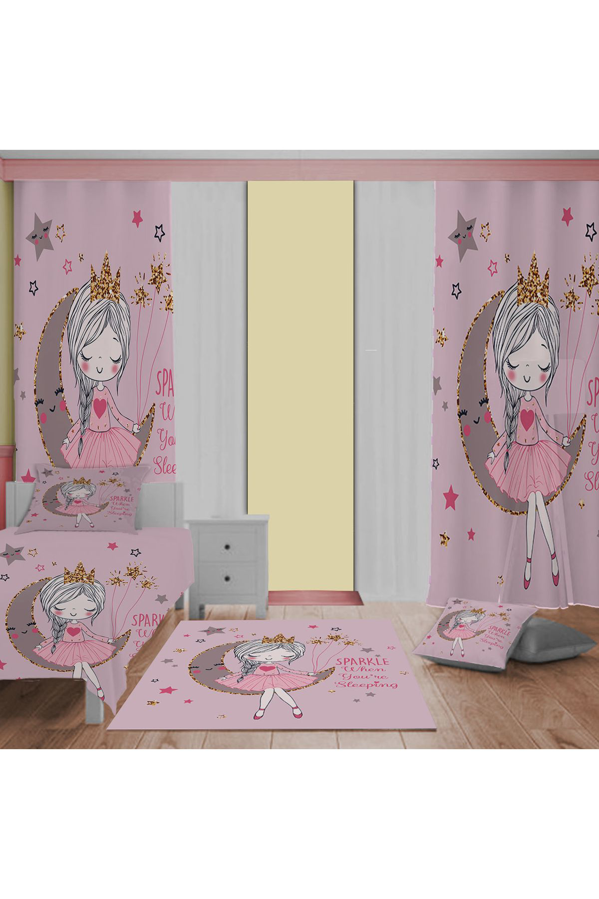 Evan Home Prenses Kız Desen Çocuk Odası Takım Perde (İki Kanat),Yatak Örtüsü,Yastık,Kırlent ,Halı