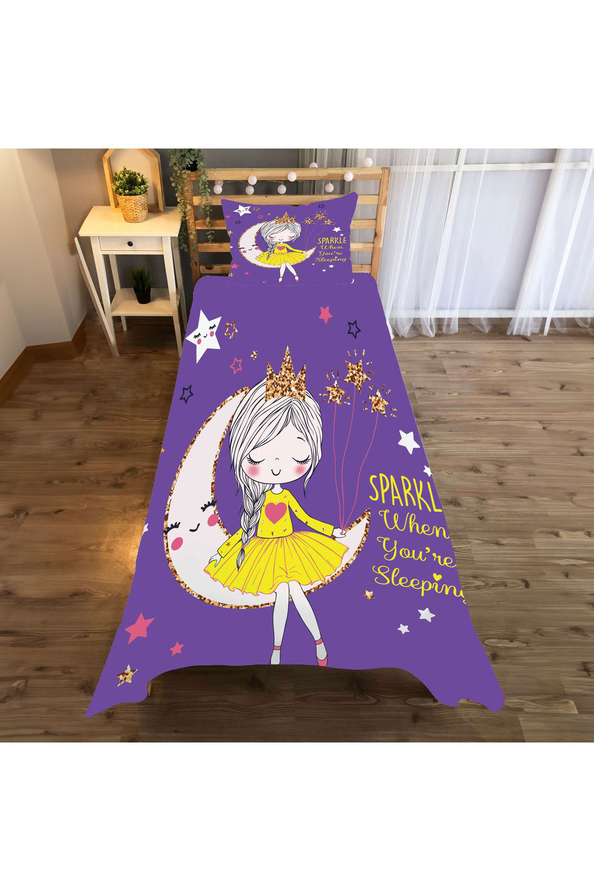 Evan Home Prenses Kız Desenli Çocuk Odası Takım Perde (İki Kanat),Yatak Örtüsü,Yastık,Kırlent ,Halı,