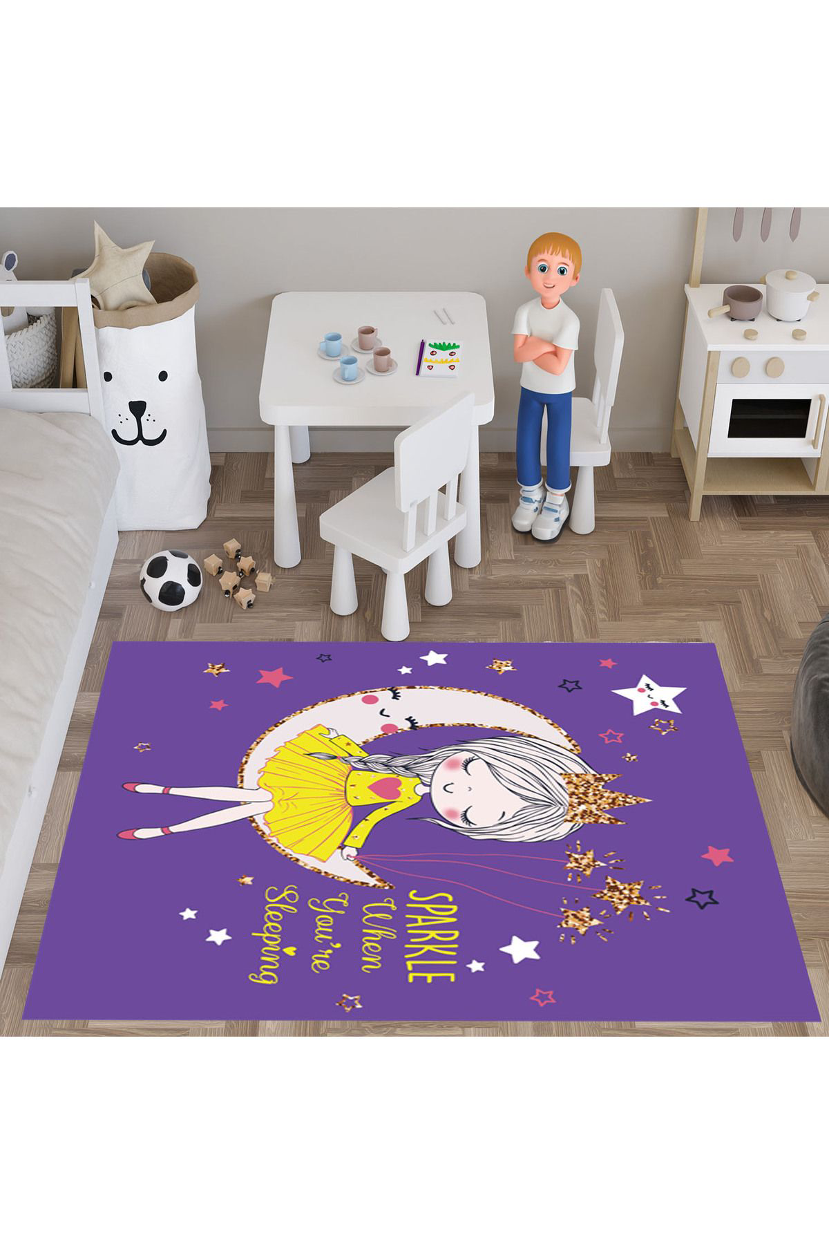 Evan Home Prenses Kız Desenli Çocuk Odası Takım Perde (İki Kanat),Yatak Örtüsü,Yastık,Kırlent ,Halı,