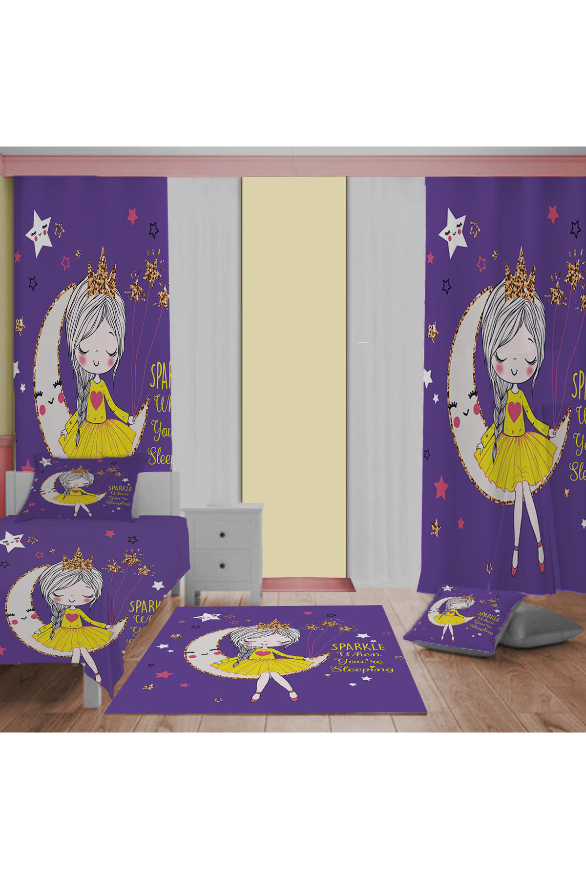 Evan Home Prenses Kız Desenli Çocuk Odası Takım Perde (İki Kanat),Yatak Örtüsü,Yastık,Kırlent ,Halı,