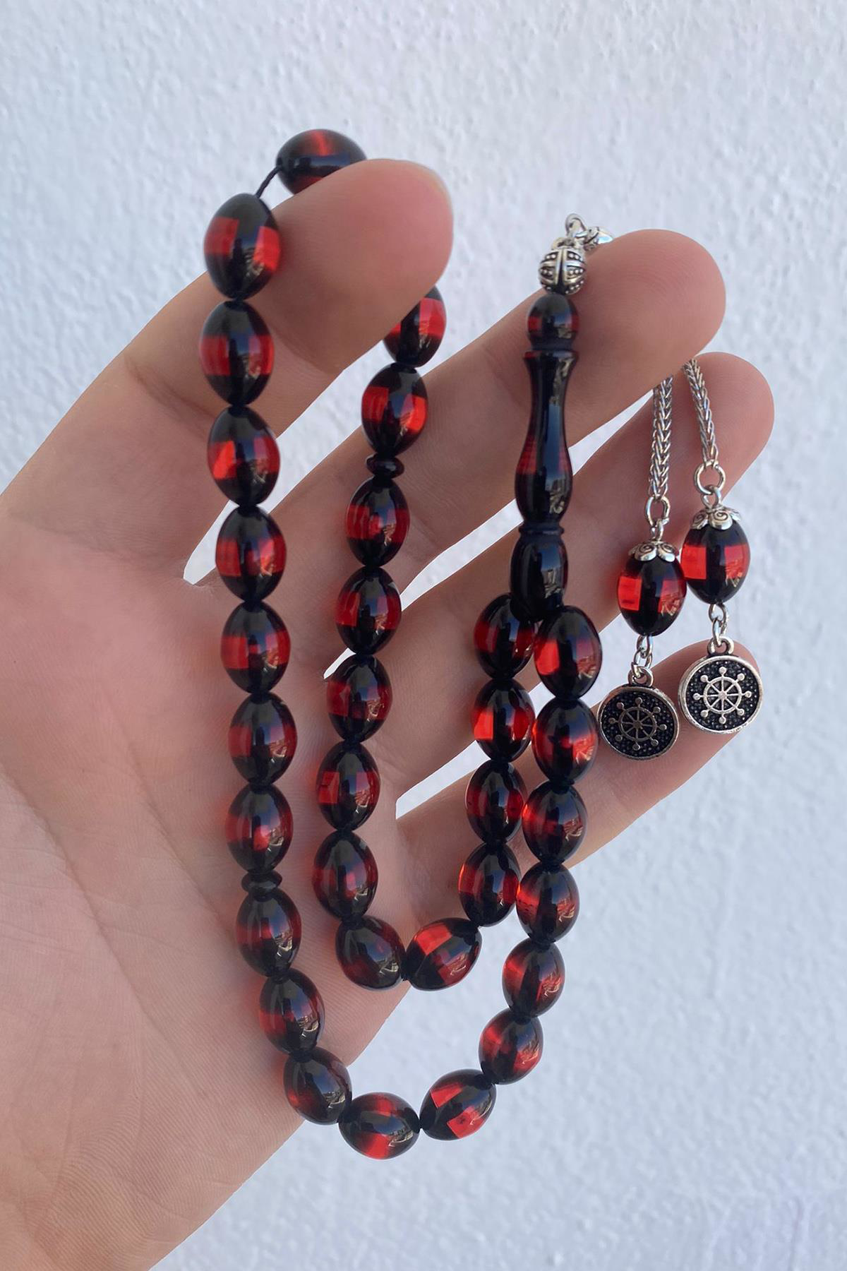 Pres Kehribar Tesbih Yuvarlak Kesim Sürmeli Kırmızı Renkli Metal 