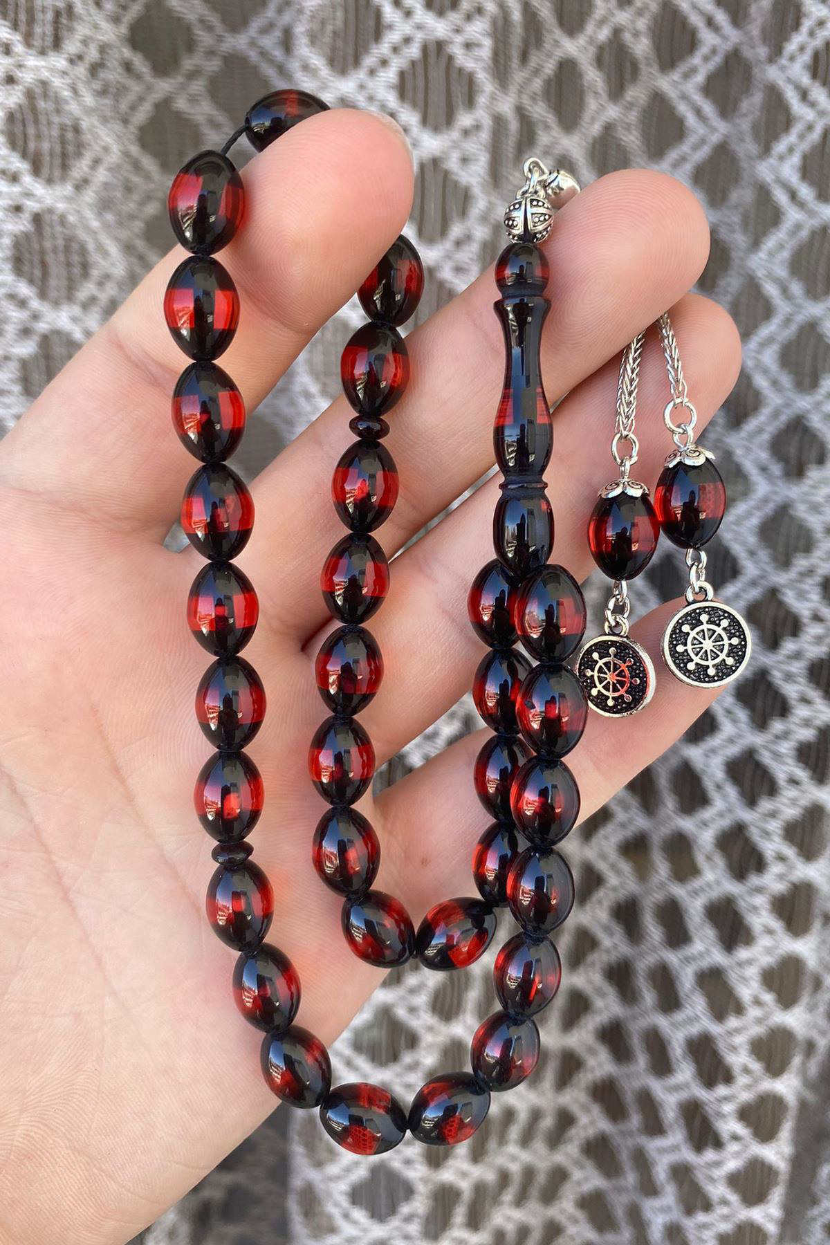 Pres Kehribar Tesbih Yuvarlak Kesim Sürmeli Kırmızı Renkli Metal 