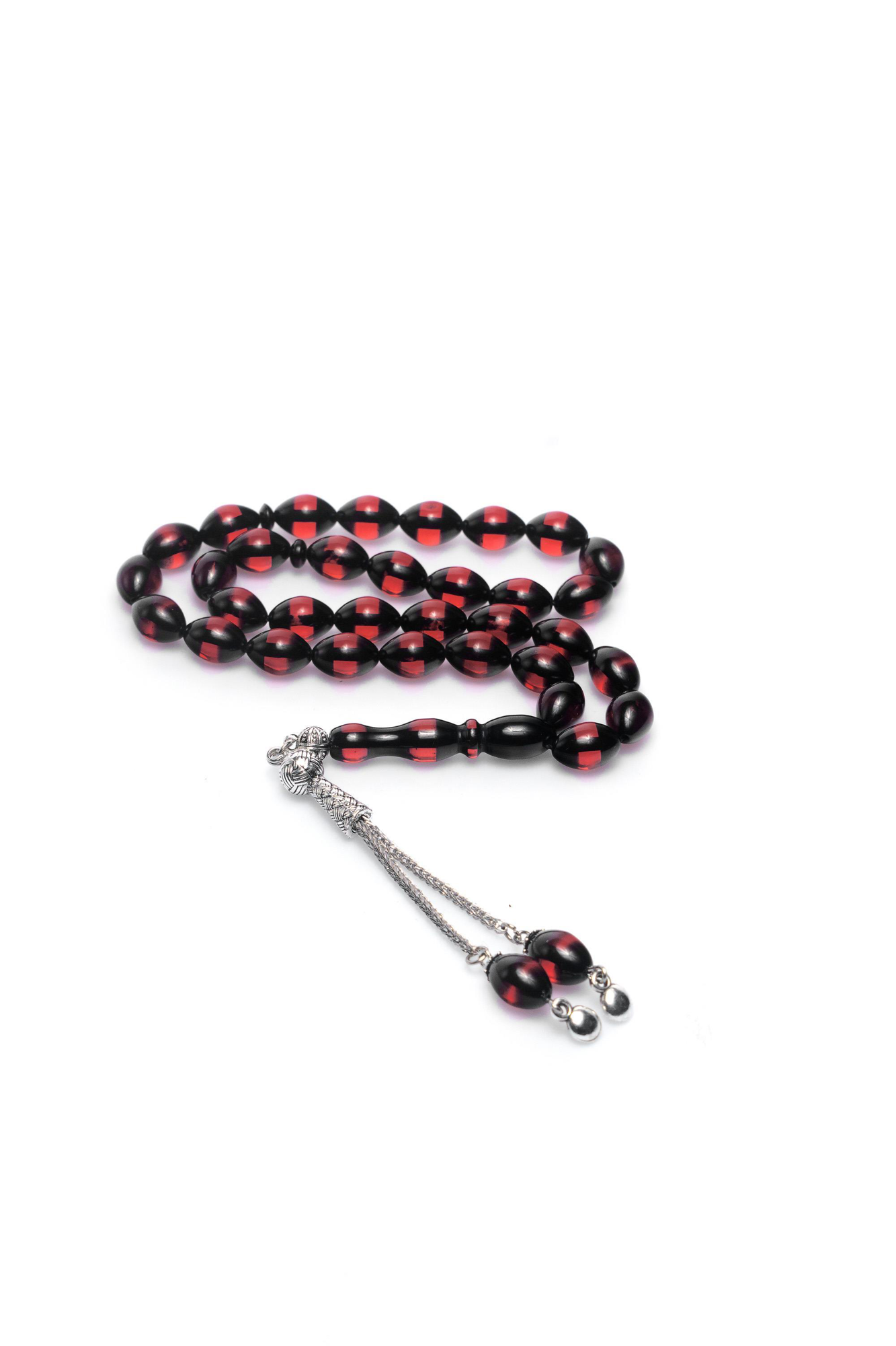 Pres Kehribar Tesbih Yuvarlak Kesim Sürmeli Kırmızı Renkli Metal 