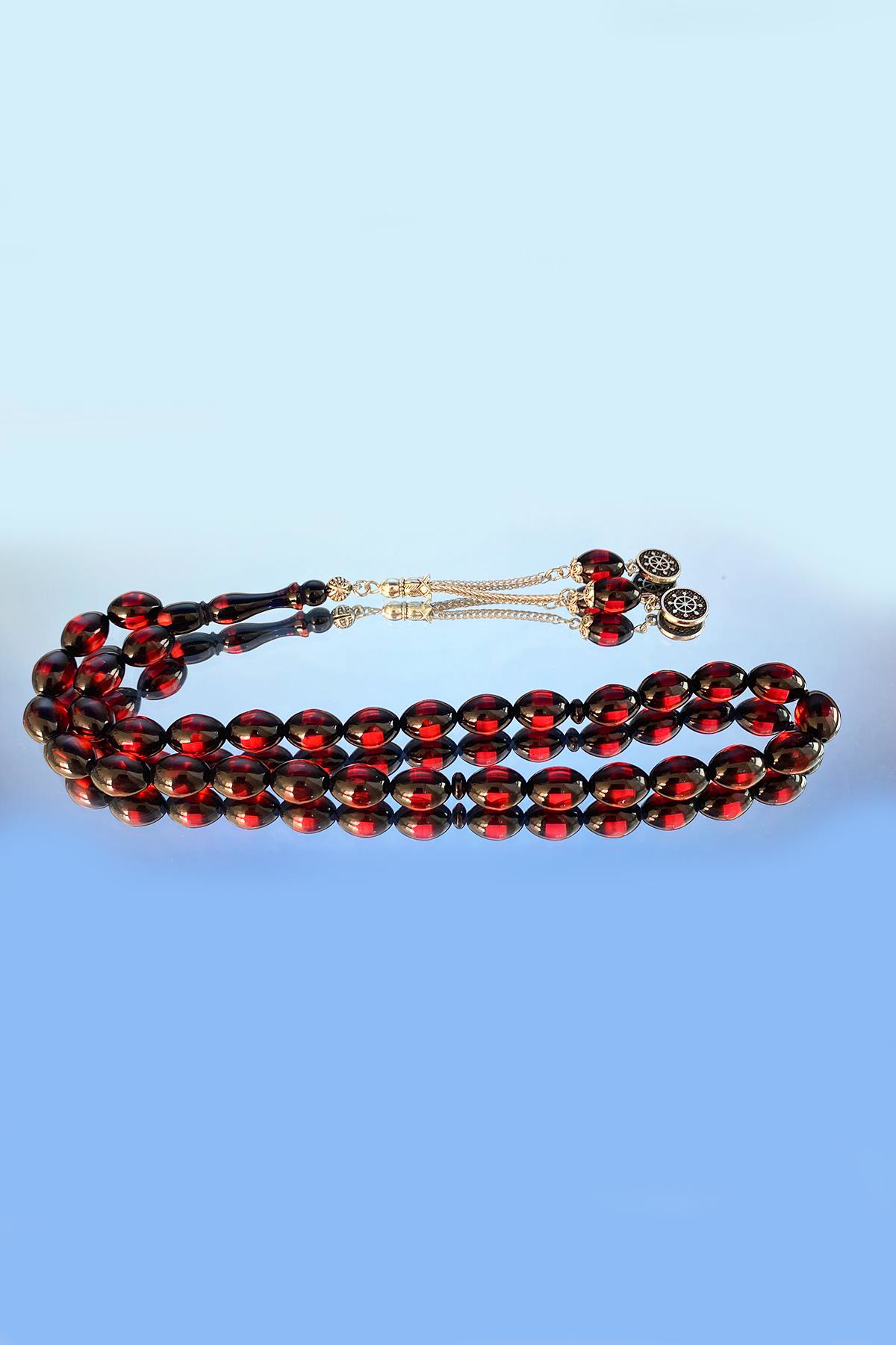 Pres Kehribar Tesbih Yuvarlak Kesim Sürmeli Kırmızı Renkli Metal 