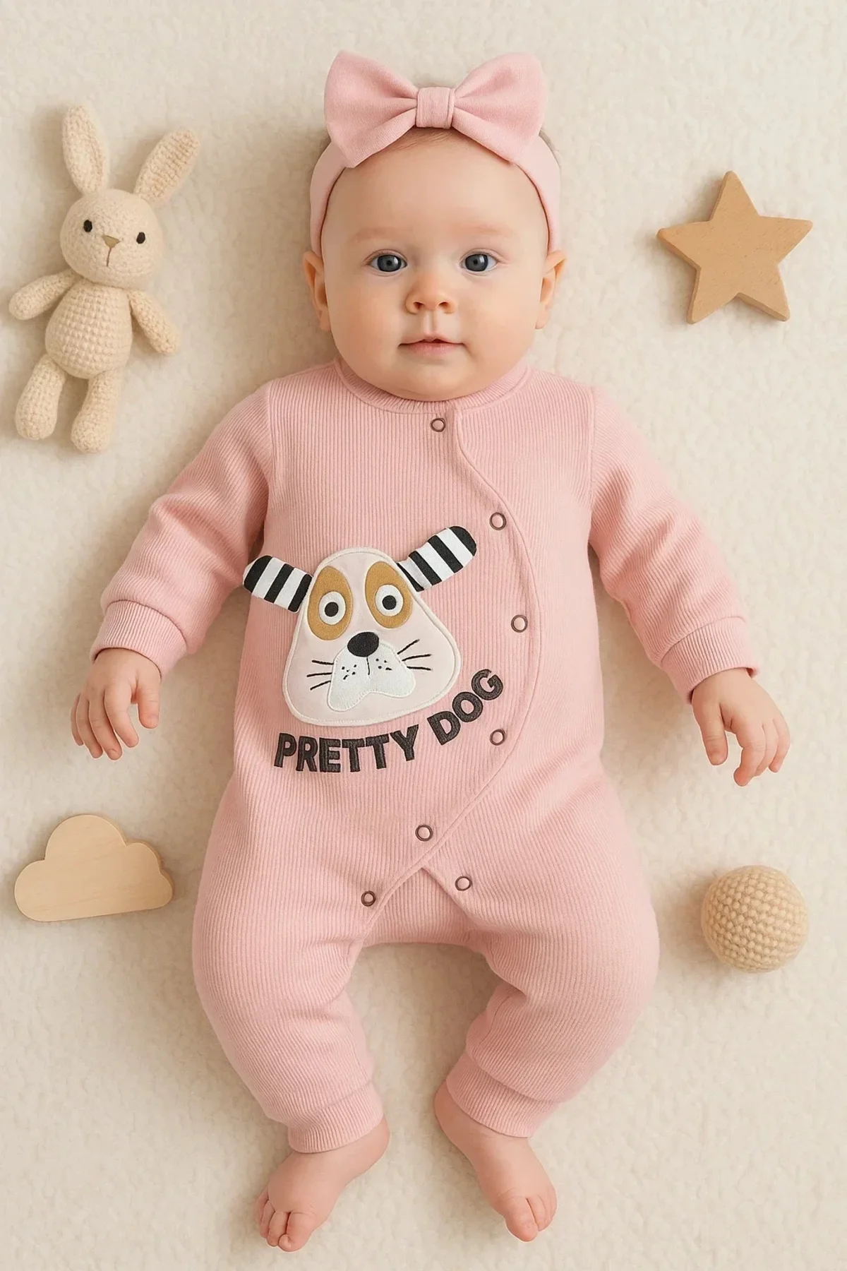 Pretty Dog Nakışlı Bandanalı % 100 Pamuk Kız Bebek Tulumu