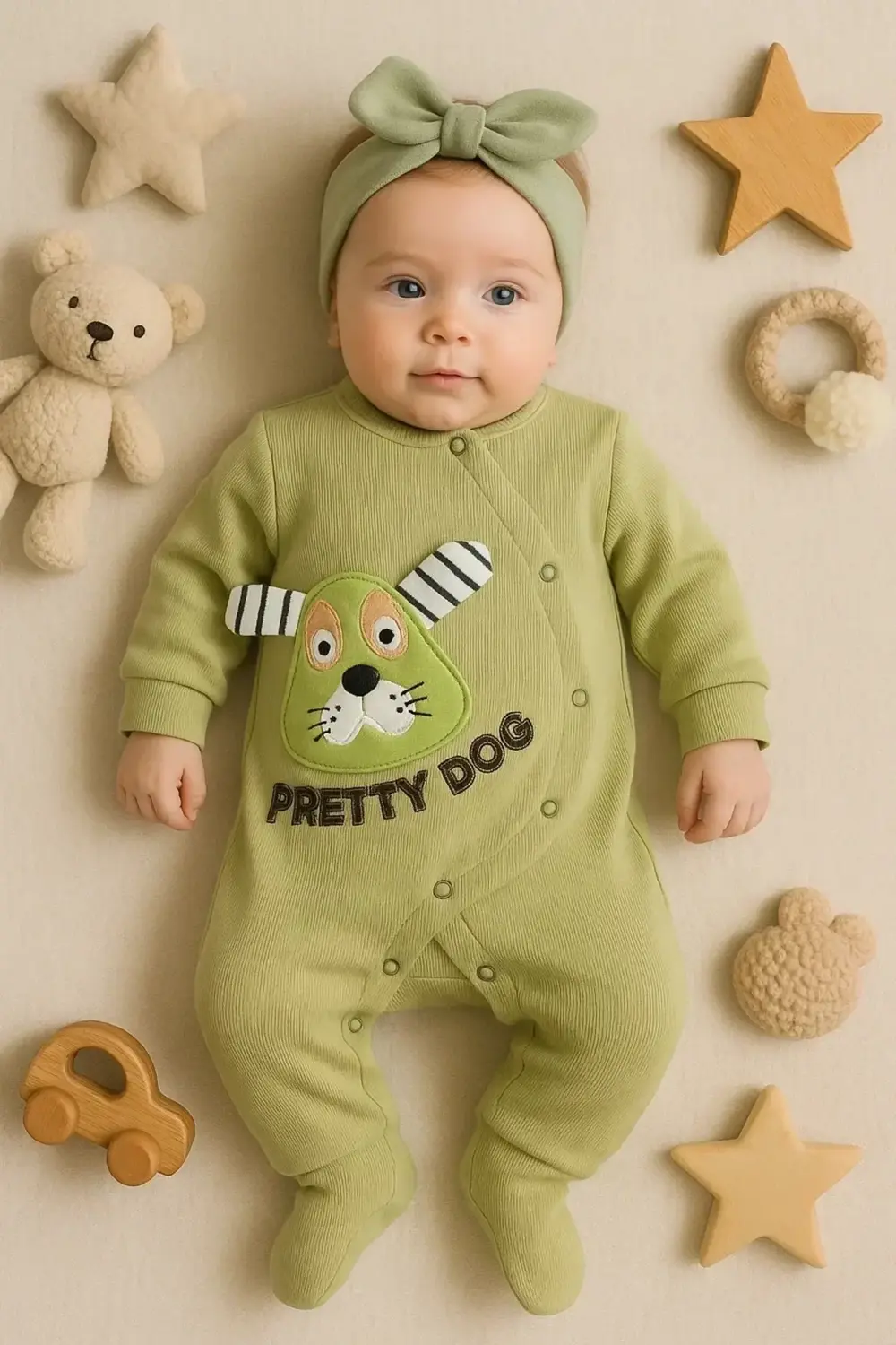 Pretty Dog Nakışlı Bandanalı % 100 Pamuk Kız Bebek Tulumu